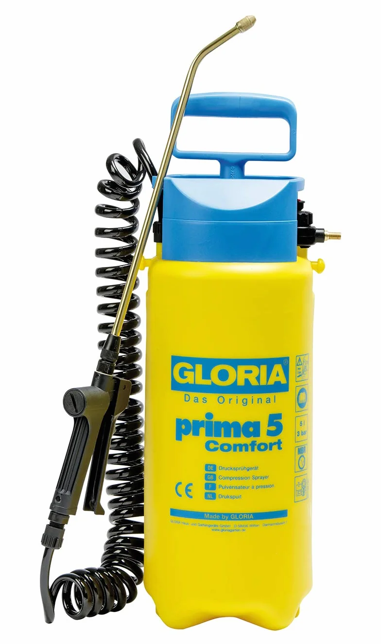 GLORIA Prima 5 Comfort Opryskiwacz ciśnieniowy, ogrodowy, pojemność napełniania 5 l, spiralny wąż 2,5 m, złącze kompresora