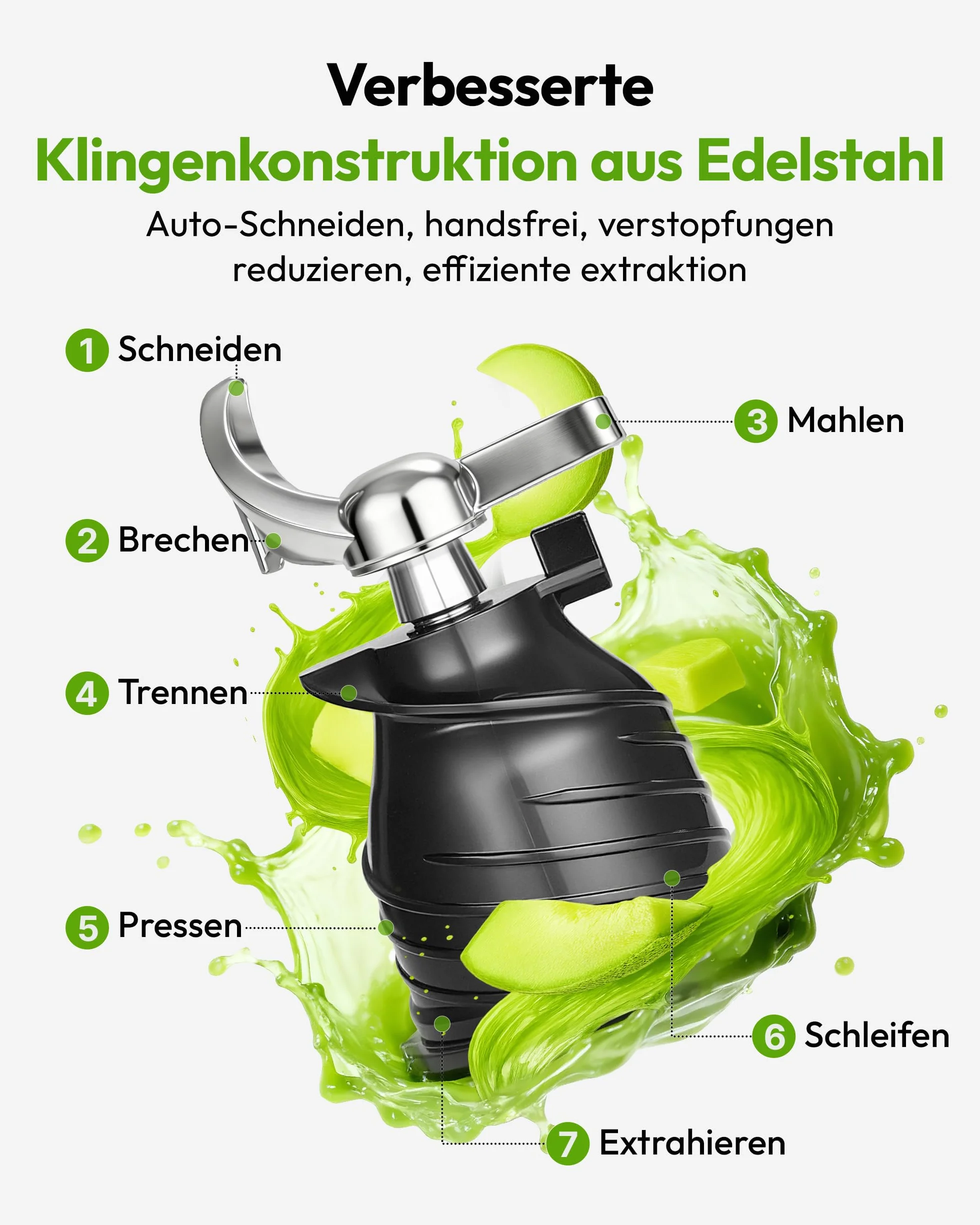 EUHOMY Sokowirówka, Slow Juicer, sokowirówka do warzyw i owoców, zwycięzca testu z otworem do napełniania 135 mm, pojemność 1,8 l, 2 filiżanki | elektryczna wyciskarka do soków, czarna srebrna