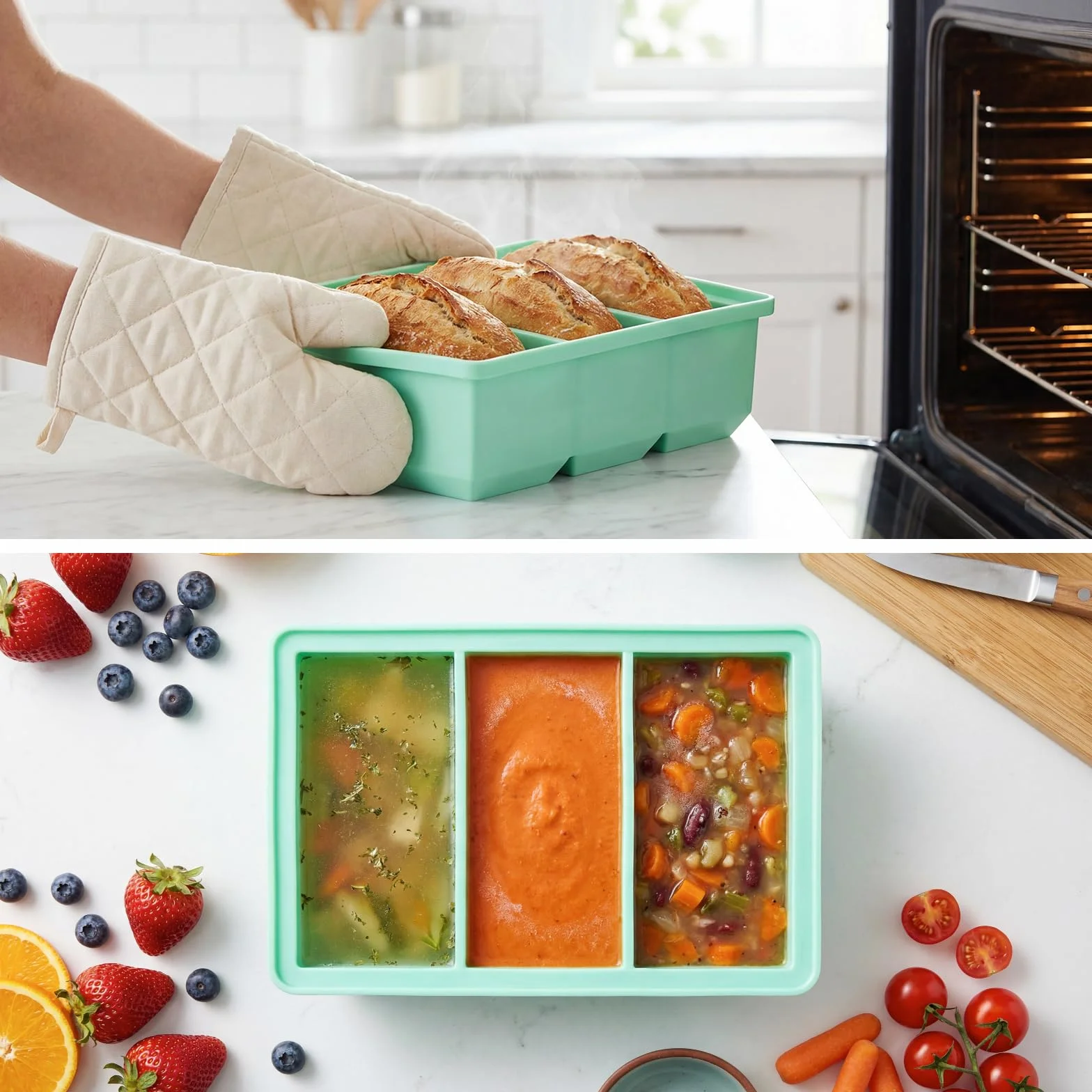 Souper Cubes zestaw 2 pojemników do zamrażania zupy, silikonowych, z pokrywką, nie zawiera BPA, do zamrażarki, do zupy, zamrażarki, kostek lodu (niebieski + zielony, 220 ml)