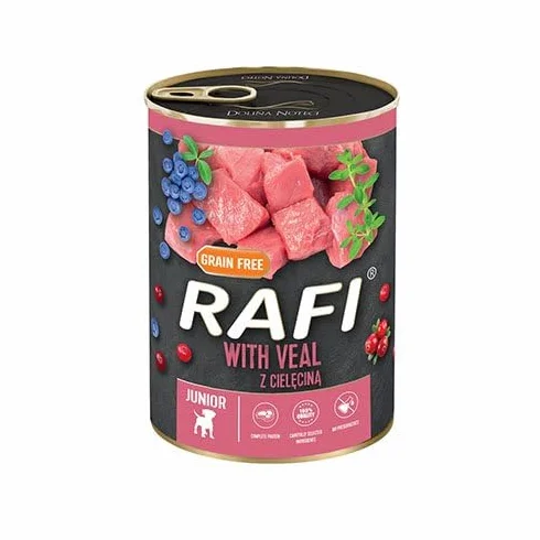 Rafi Junior Mix mokra karma dla psów bez zbóż, z jagnięciną, cielęciną, jagodami i żurawiną, w puszce dla szczeniąt 24 x 400 g