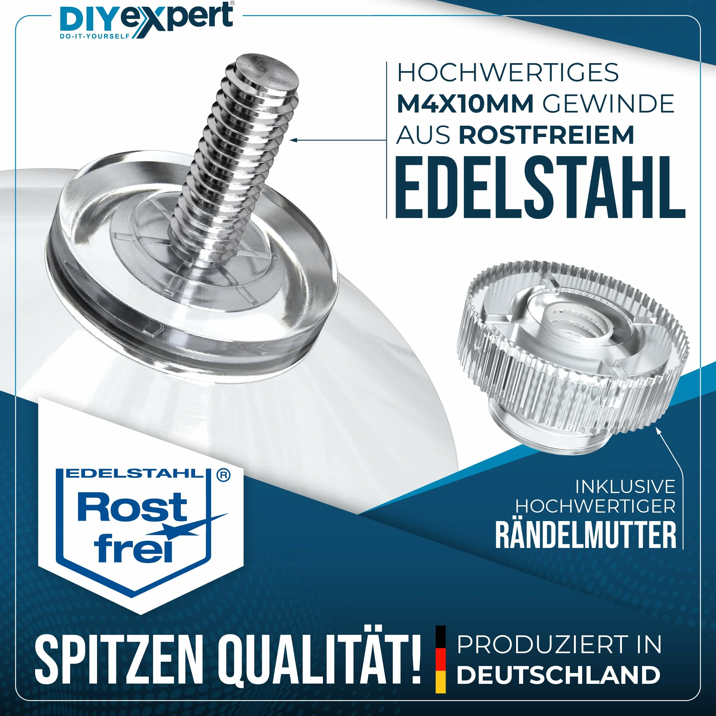 DIYexpert® 4 x przyssawka Ø 40 mm, z gwintem M4 x 10 mm, w zestawie nakrętki radełkowane przezroczyste - wyprodukowano w Niemczech