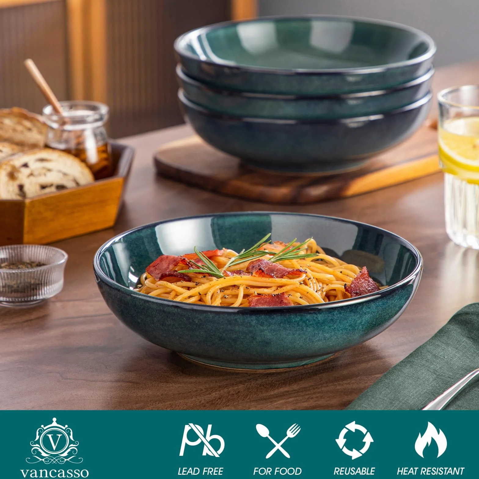vancasso Stern 1100 ml, zestaw ceramicznych misek do makaronu, duże miski sałatkowe do serwowania, miseczki do zupy bezpieczne dla mikrofalówki, zestaw 4, zielone miseczki z kamionki