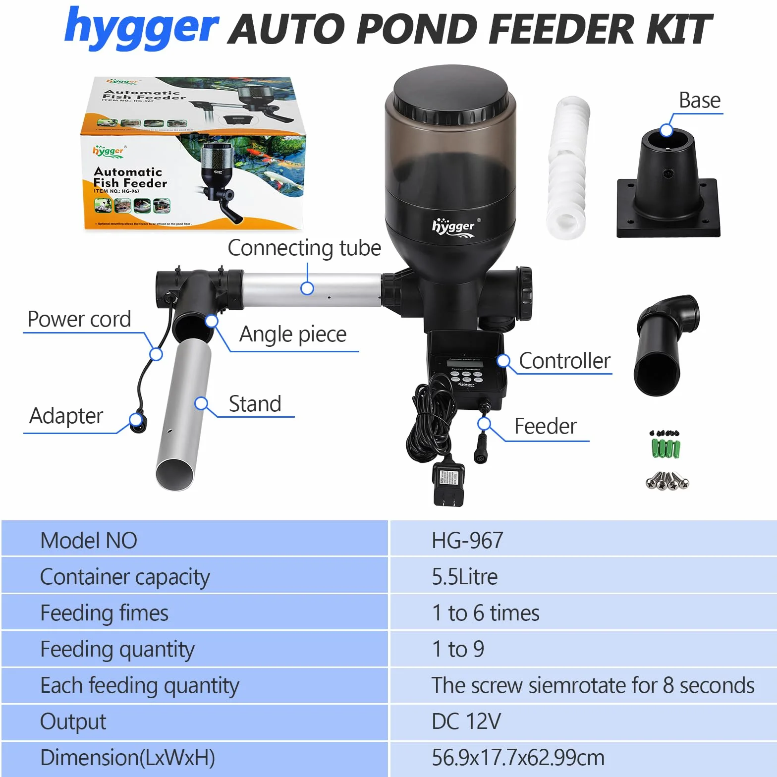hygger Automatyczny karmnik do stawu 5,5 L programowalny z wyświetlaczem LCD dla ryb Koi
