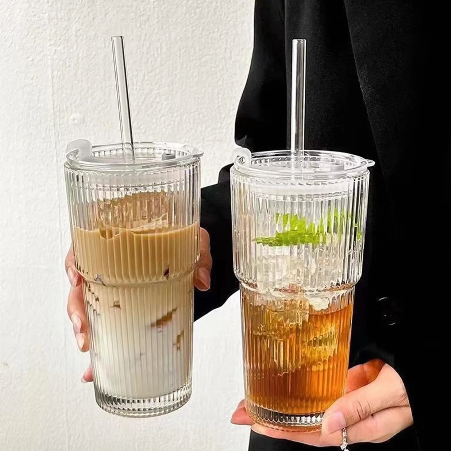 Szklane kubki o pojemności 600 ml, z pokrywką i słomką, szkło matcha, szklanki do kawy do mrożonej kawy, kubki do smoothie, hermetyczne, wodoszczelne wzornictwo, kubek podróżny, kubek do kawy mrożonej