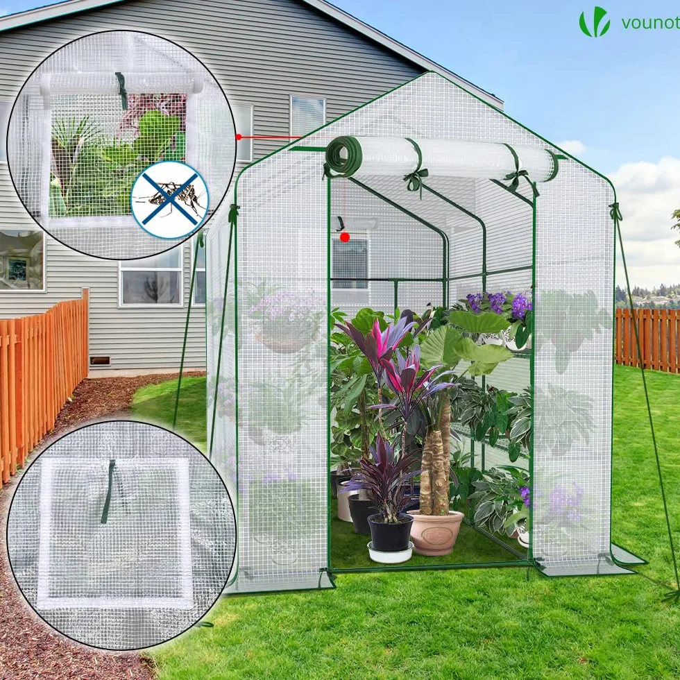 VOUNOT PE szklarnia ogrodowa z półkami 3 poziomami szklarnia ogrodowa do warzyw kwiaty wzmocniona plandeka 135g/m2 chroni rośliny o każdej porze roku 143x215x195cm