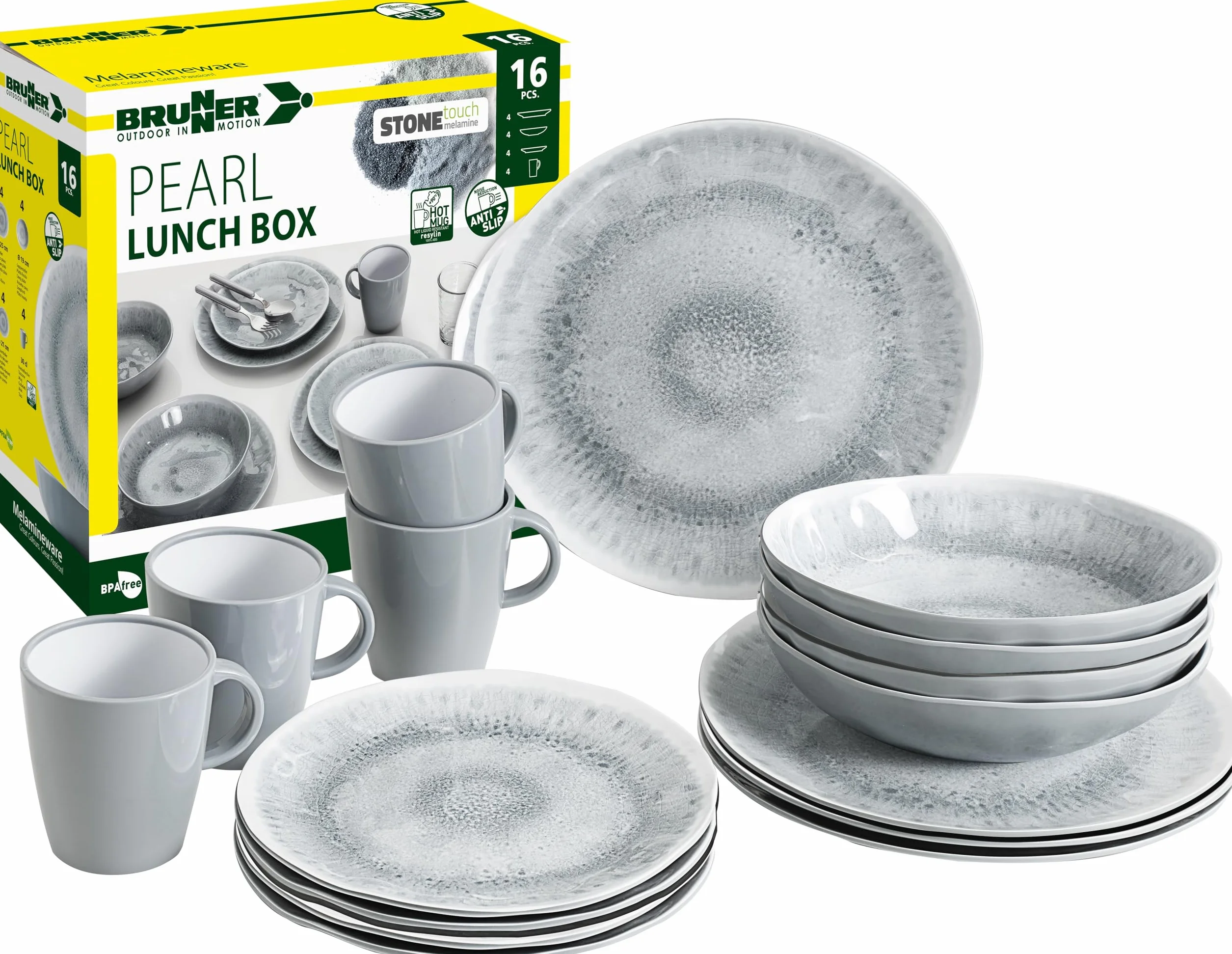 BRUNNER Melamin Ess Geschirr Zestaw Lunch Box 16-Teilig Camping Reise Teller Becher Stonetouch Pearl
