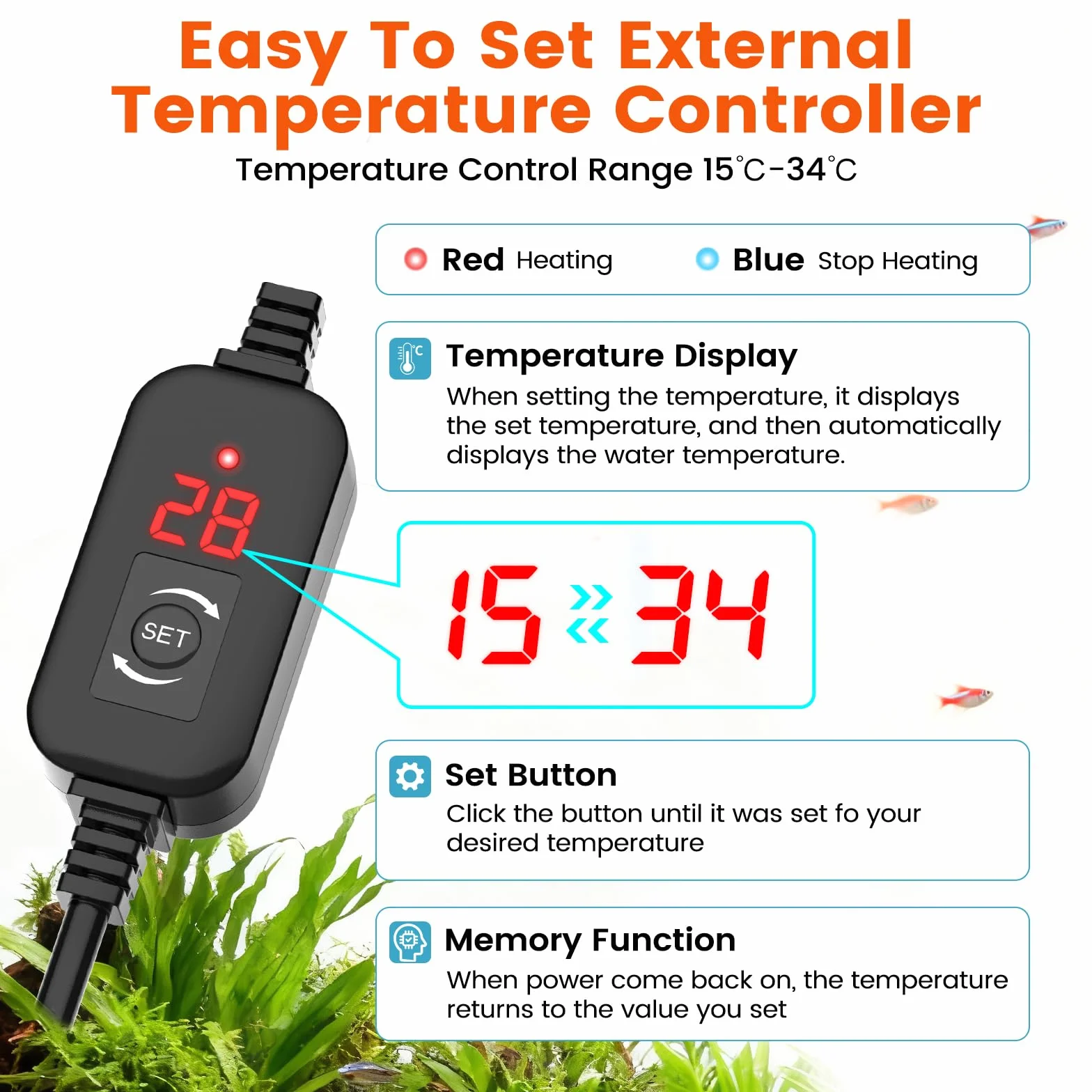 hygger Podgrzewacz do akwarium 100W cyfrowy z regulatorem temperatury do zbiorników 57-75L