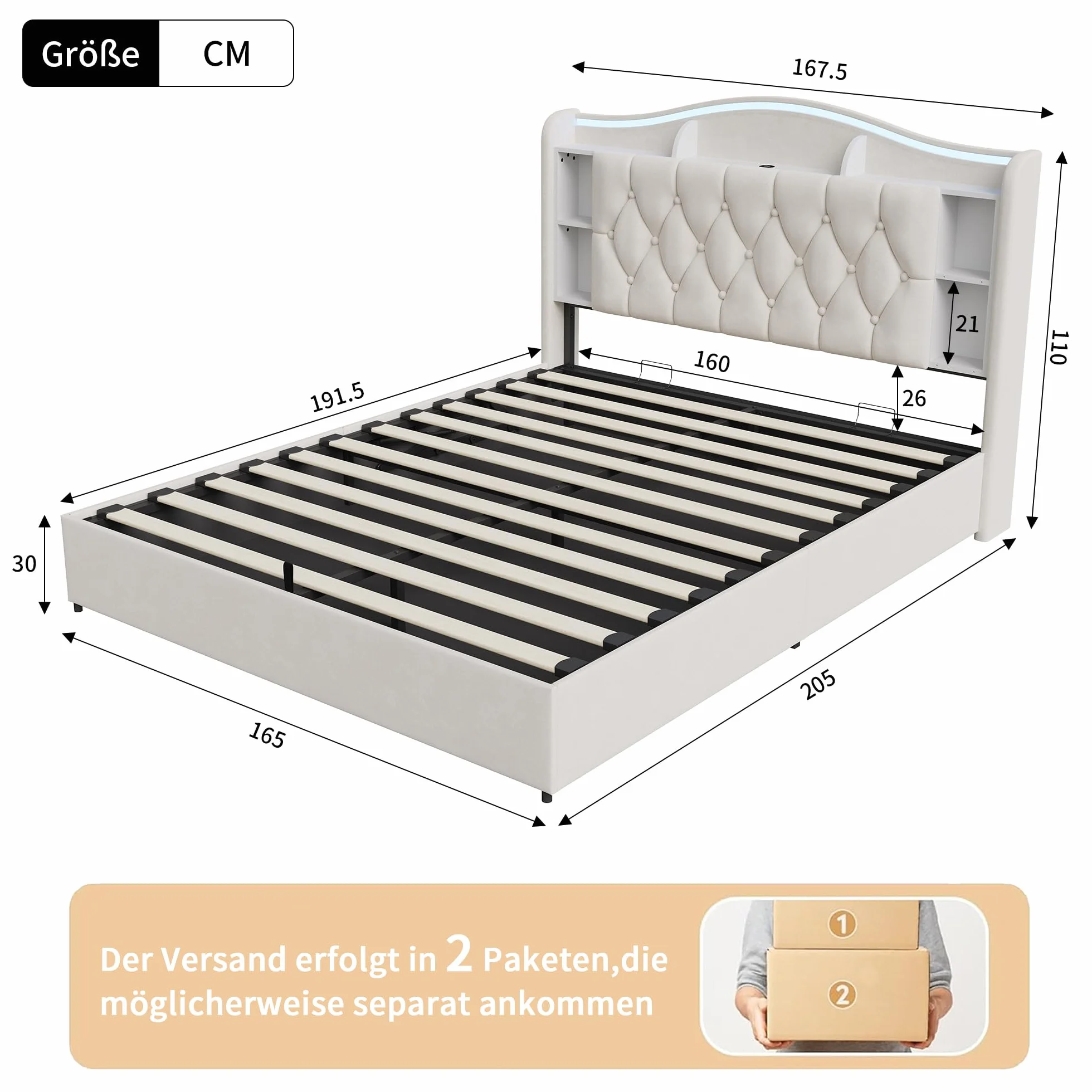 BRILVERDE Łóżko tapicerowane 160 x 190 cm, z miejscem do przechowywania, podwójne łóżko z diodami LED/USB, rama łóżka ze stelażem i zagłówkiem, łóżko młodzieżowe dla dorosłych i młodzieży, aksamitne