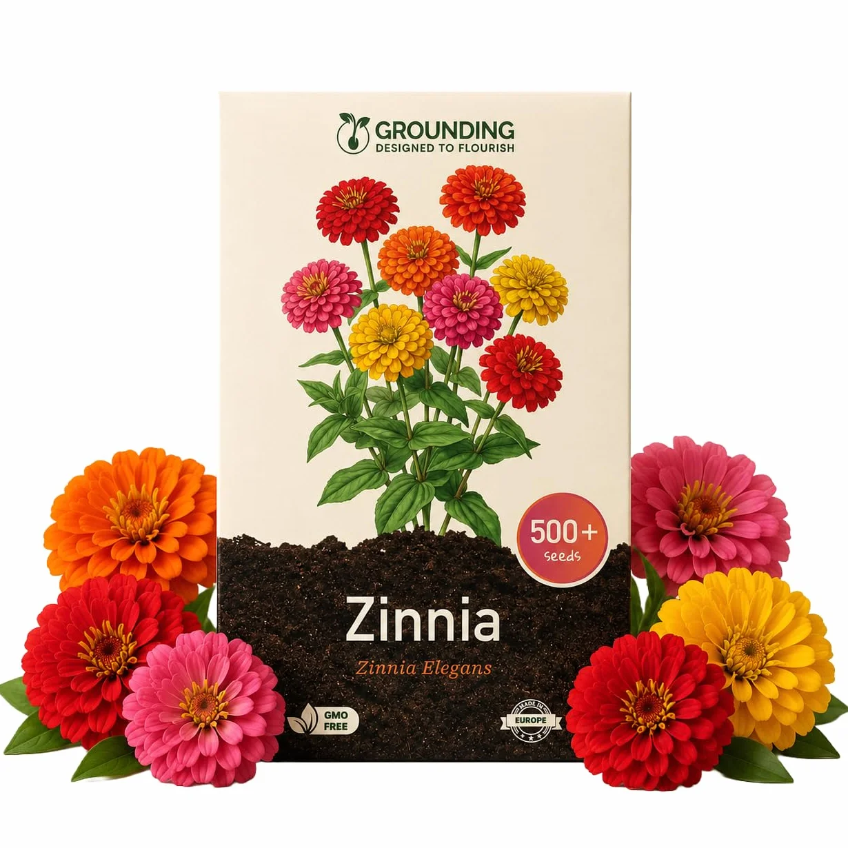 Grounding - Zinnia Elegans “Zinnita Mix” Seeds, 350+ seeds - Compact globe-shaped multicolor flowers (~20 cm) for pots, planters & beds - European Quality