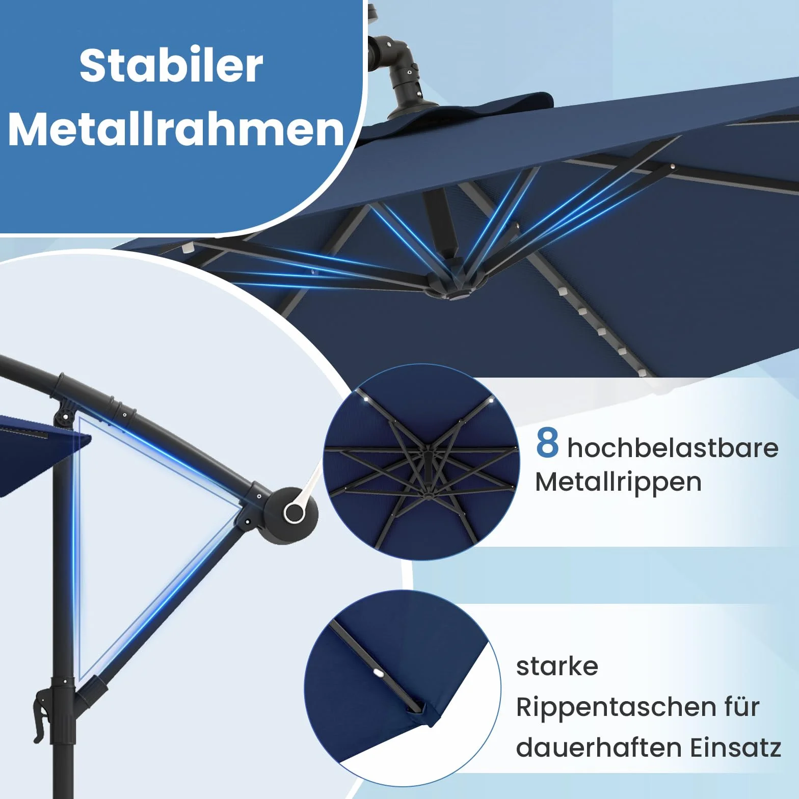 COSTWAY Parasol przeciwsłoneczny ze stojakiem i diodami LED, Ø 300 cm, z korbą, parasol ogrodowy, ochrona przed promieniowaniem UV, parasol na taras, do ogrodu, na basen, taras (niebieski)