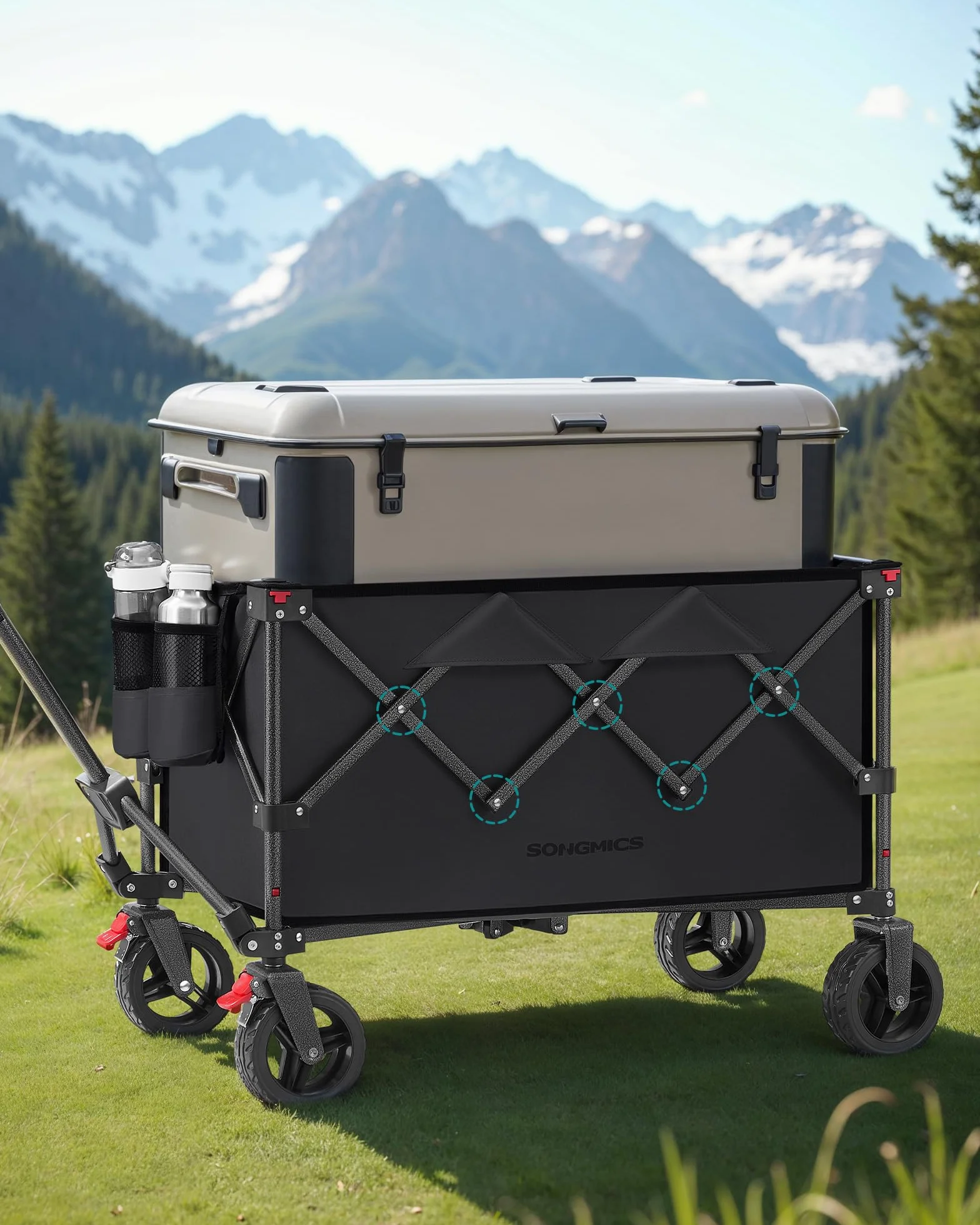 SONGMICS Składany wózek ręczny, 150 L, ładowność do 150 kg, wózek ogrodowy, z uchwytem, 4 zdejmowane koła, oszczędność miejsca, na zewnątrz, ogród, atrament czarny GFW115B01