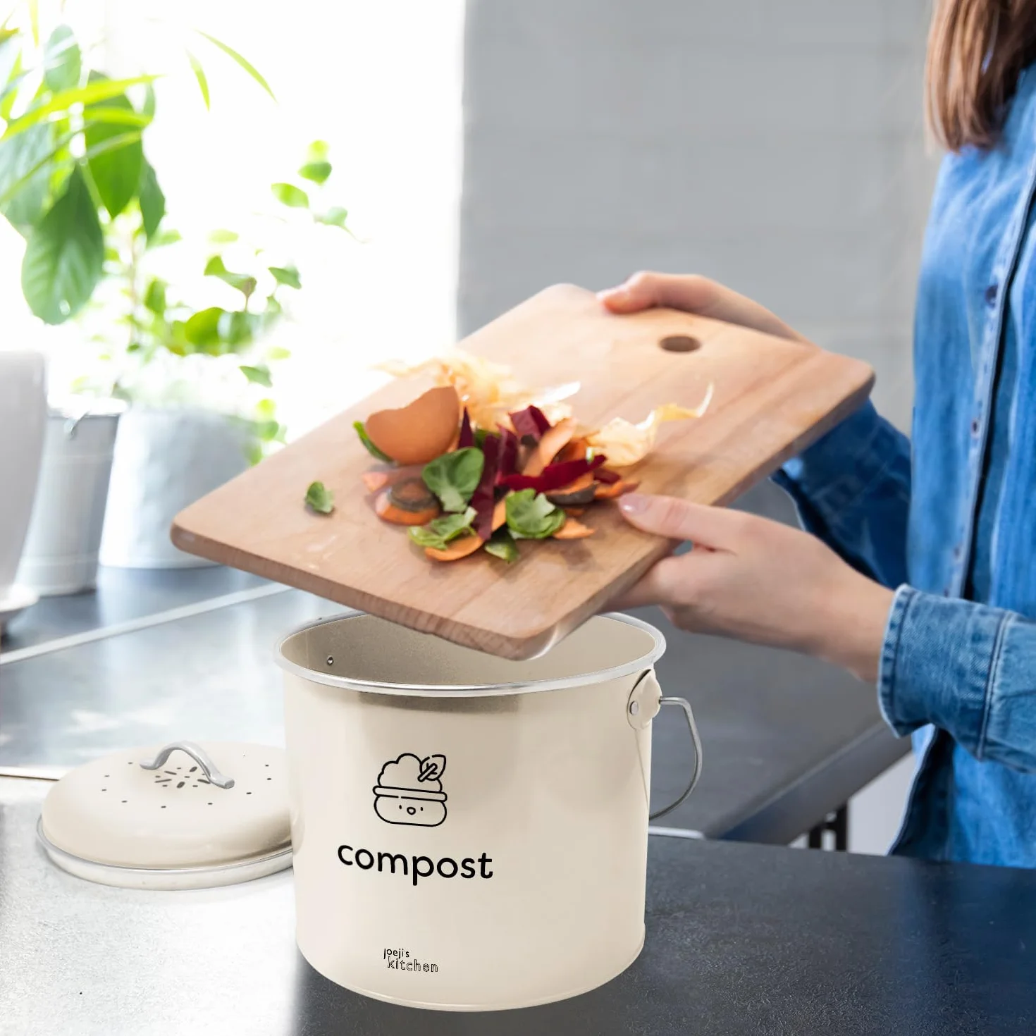 Joeji's Kitchen Kompostownik 3,5l, kompaktowy kompost kuchenny z filtrami węglowymi, stal ocynkowana, bezwonne rozwiązanie do recyklingu żywności, idealne do odpadów spożywczych
