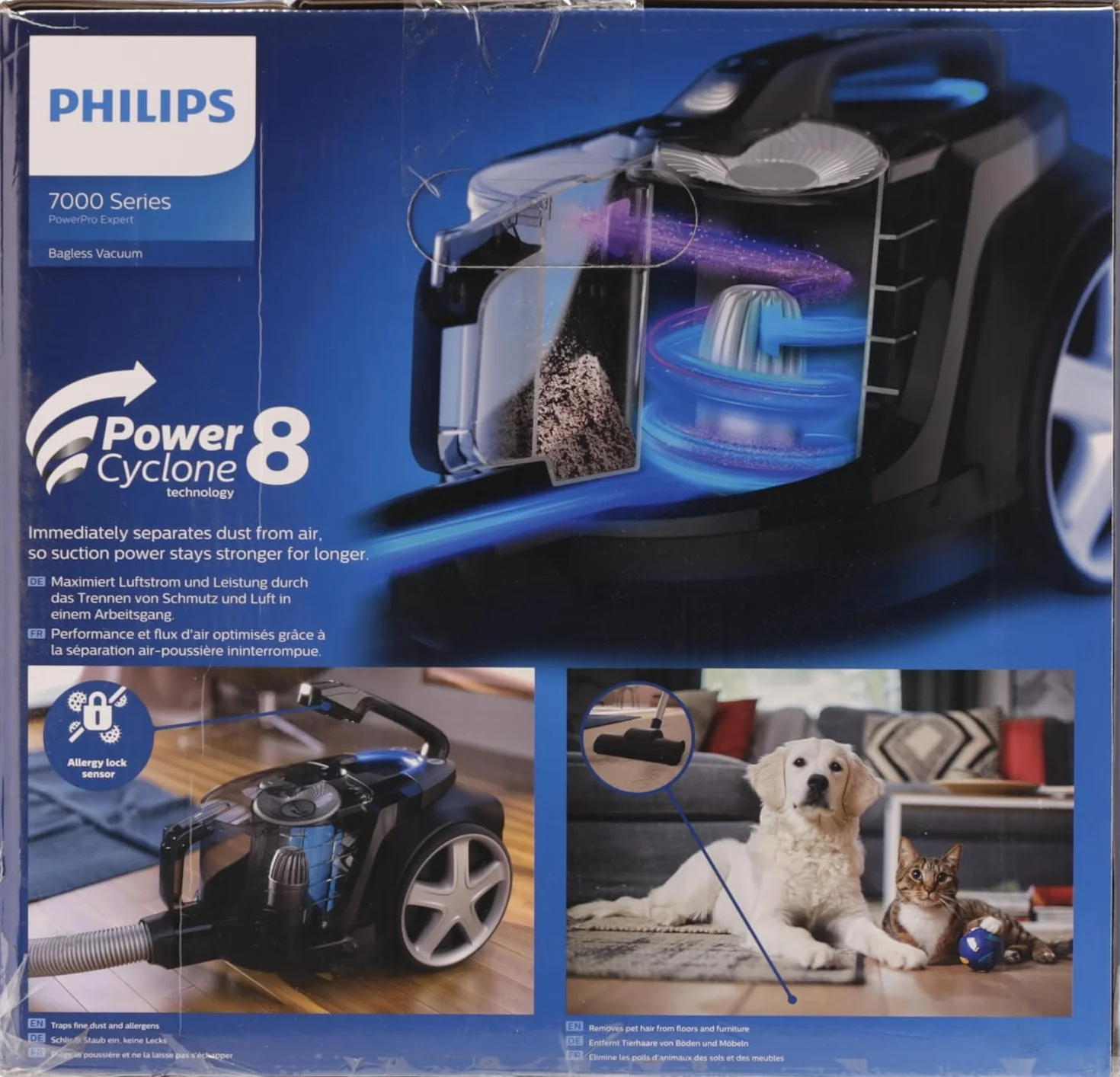 Philips PowerPro Bezworkowy Odkurzacz, Tworzywo Sztuczne, 900 W, 2 L, Blokada Antyalergiczna, Technologia PowerCyclone 8, Szczotka SuperTurbo, Kontrola Mocy, Niebieski/Czarny (FC9745/09)