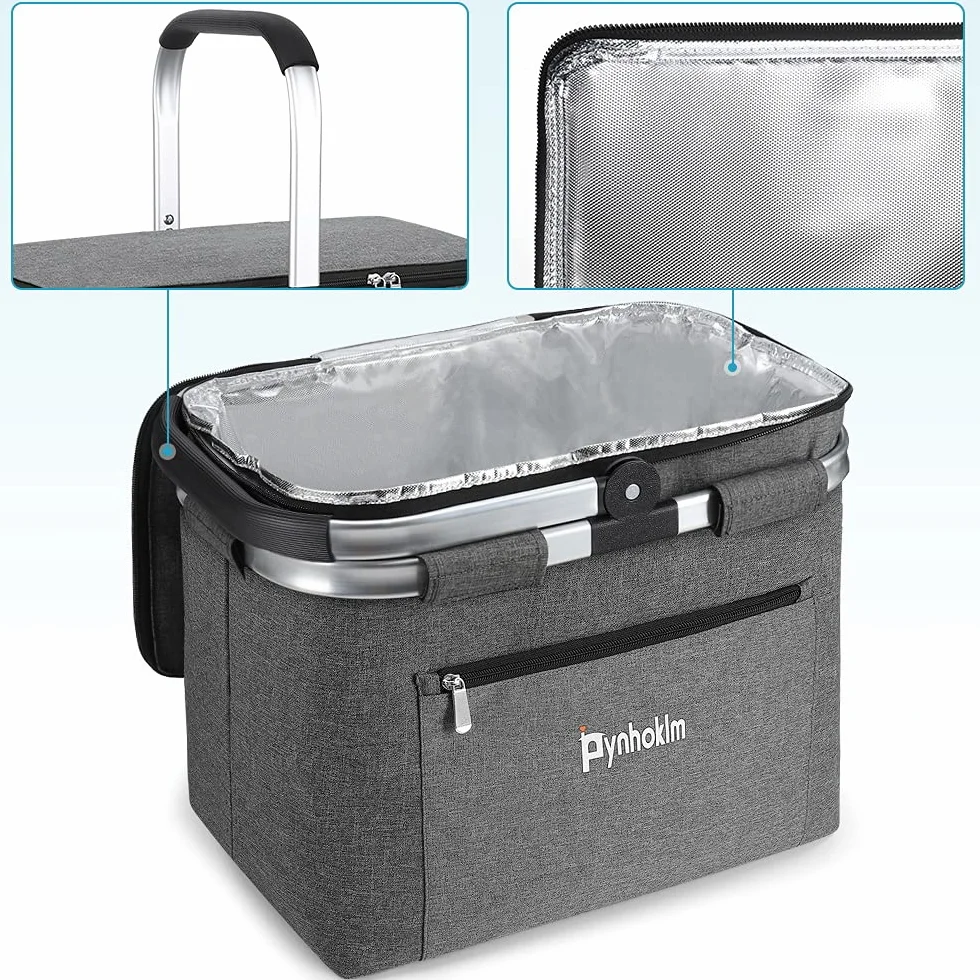 Składany kosz na zakupy, 30 l, z funkcją chłodzenia, składany kosz z pokrywką, obciążenie 25 kg, torba na zakupy jako kosz piknikowy, kosz termiczny, elegancki worek na zakupy tygodniowe /