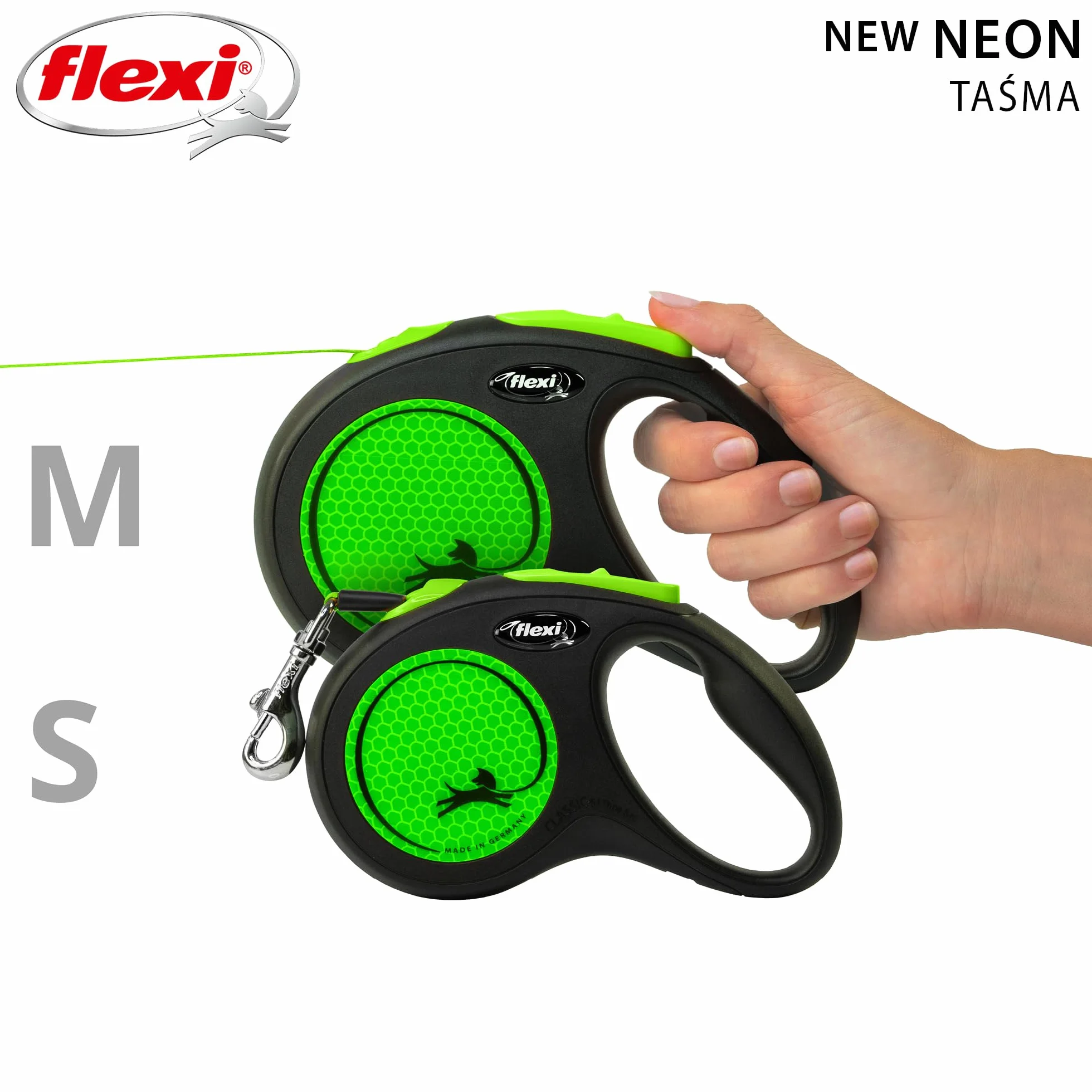 Flexi Nowa neonowa taśma zielona mała 5 m chowana smycz dla psa/smycz dla psów do 15 kg