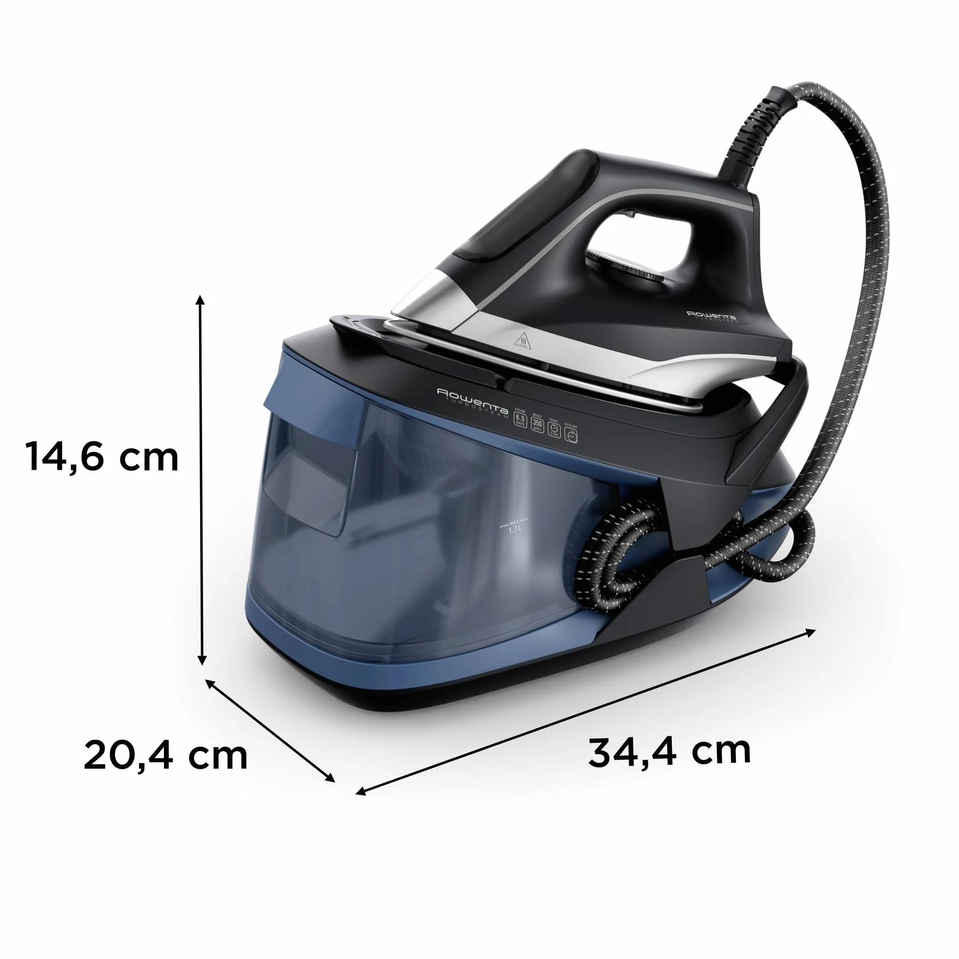 Rowenta VR8325 Turbosteam stacja parowa, 2600 W, 120 g/min stała para, dodatkowe uderzenie pary 350 g/min, szybkie nagrzewanie, zbiornik na wodę 1,7 l, system zapobiegający osadzaniu się kamienia