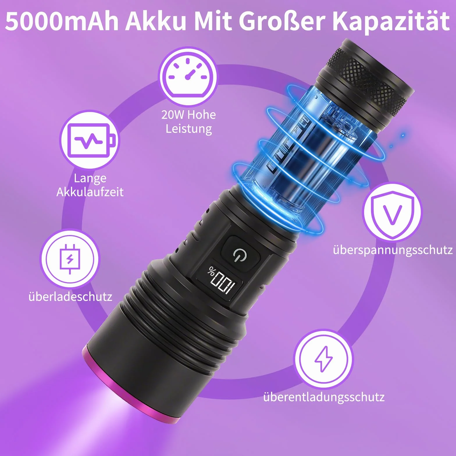 Latarka UV, 20 W, czarne światło, 365 nm, wodoszczelna latarka LED, ładowana, 5000 mAh, światło UV, do wykrywania moczu zwierząt domowych, bursztynu, skorpiona, minerałów, podróży, nad łóżkiem