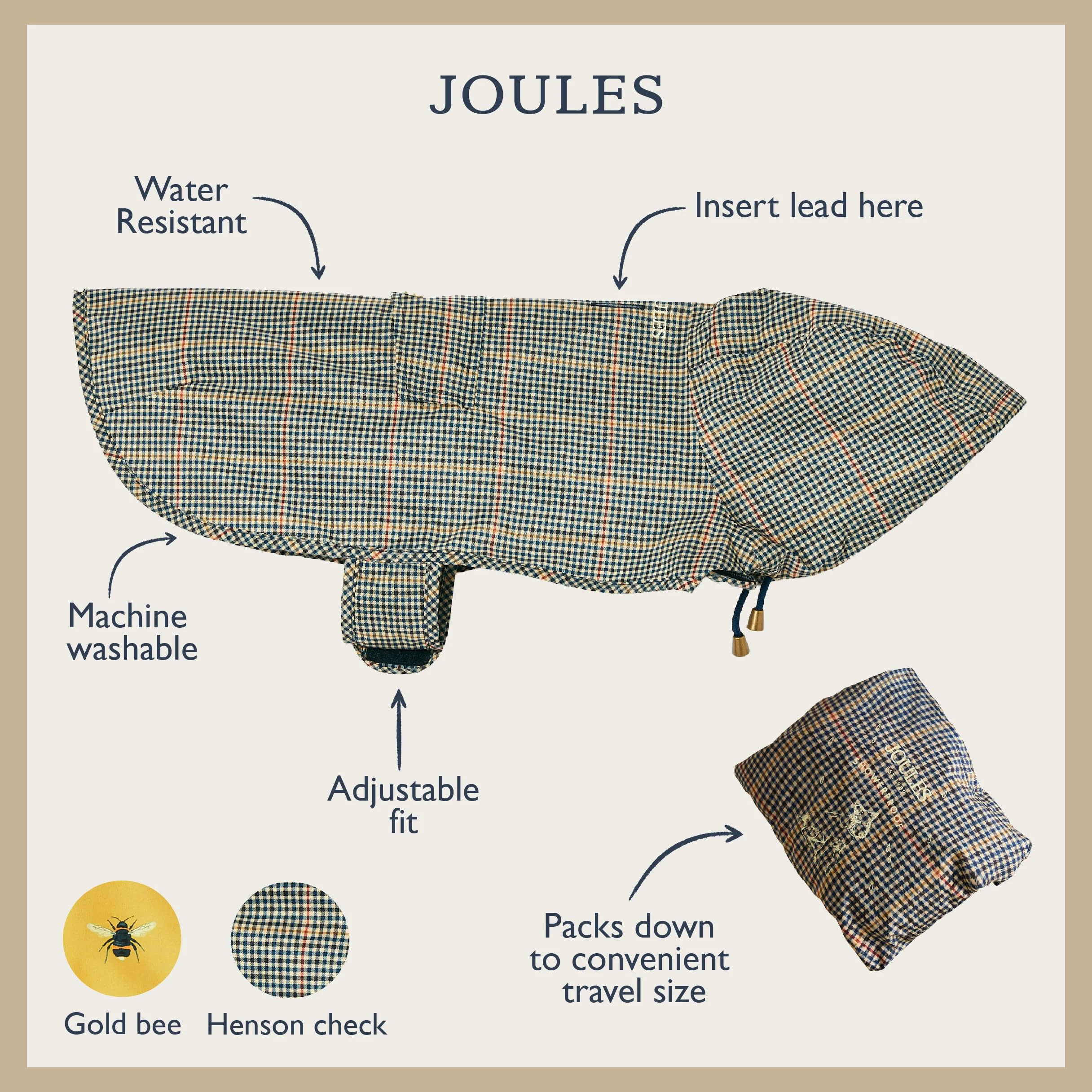 Rosewood Joules Henson Check Packaway Kurtka dla Psów Wodoodporna Mała Lekka Pranie