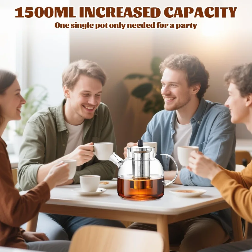Dzbanek do herbaty szklany 1,8 l z podgrzewaczem, szklany dzbanek do herbaty z sitkiem, z sitkiem, do herbaty sypkiej, nie zawiera BPA, nadaje się do kuchenki mikrofalowej i mycia w zmywarce