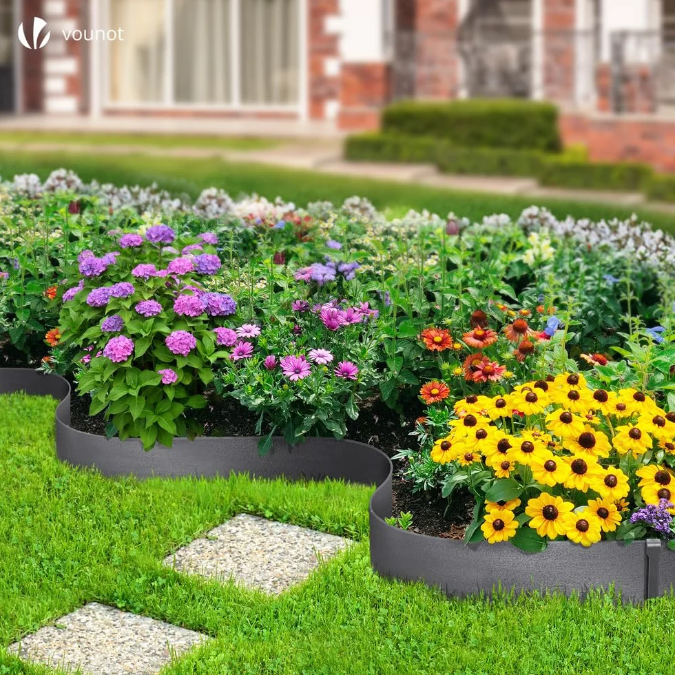 VOUNOT PE Obrzeże Ogrodowe 20 Metrów z 12 Kołkami do Zakotwiczenia Elastyczna Obrzeże Trawnika Naturalny Wygląd Wysokość 13cm Grubość 4mm Szary