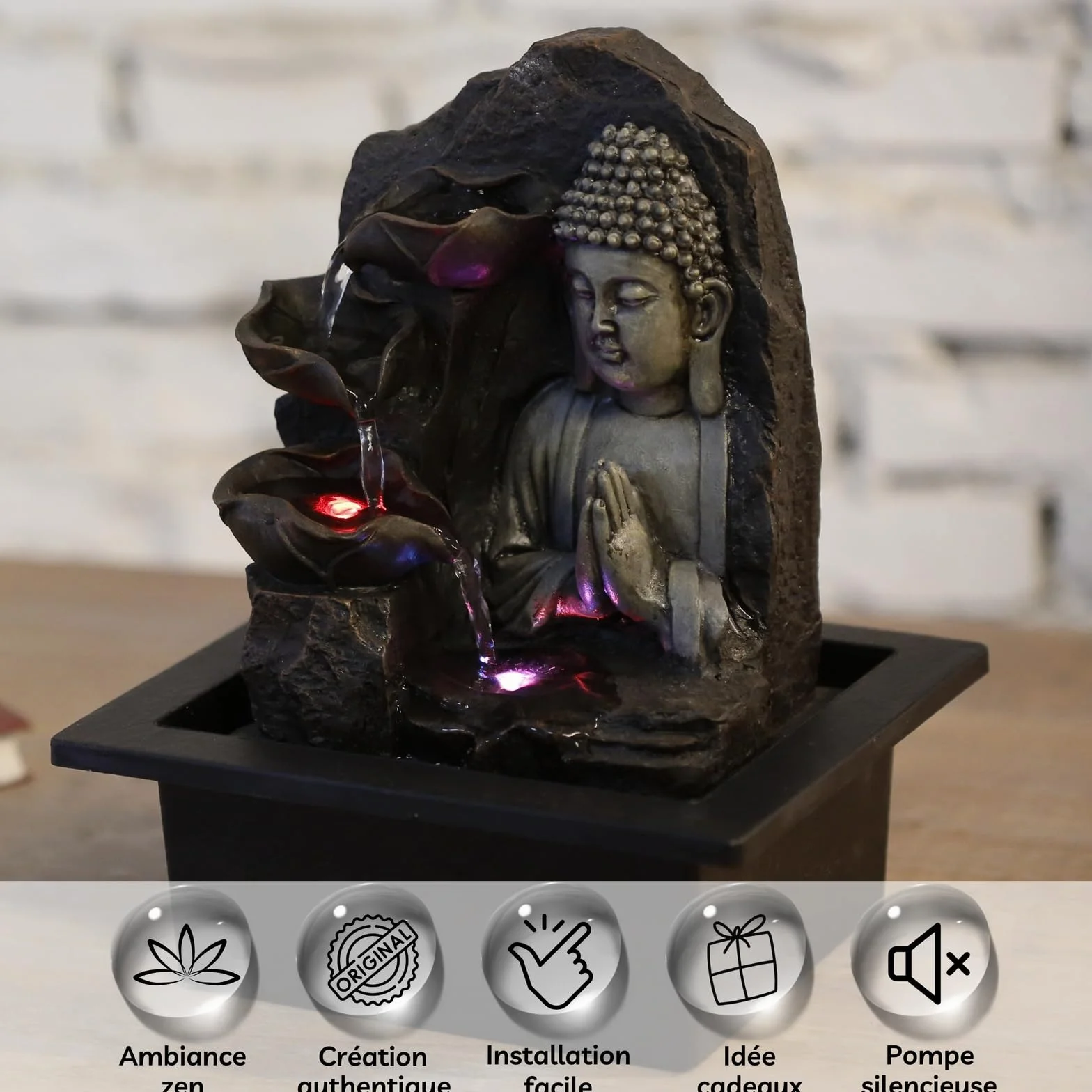 Fontanna wewnętrzna Wodospad Budda Lotos Kolorowe światło LED, dekoracja wnętrz Feng Shui, pomysł na prezent Zen Mind, z dostarczoną cichą pompą, duchowość Zen'Light, 21 x 21 x 26 cm