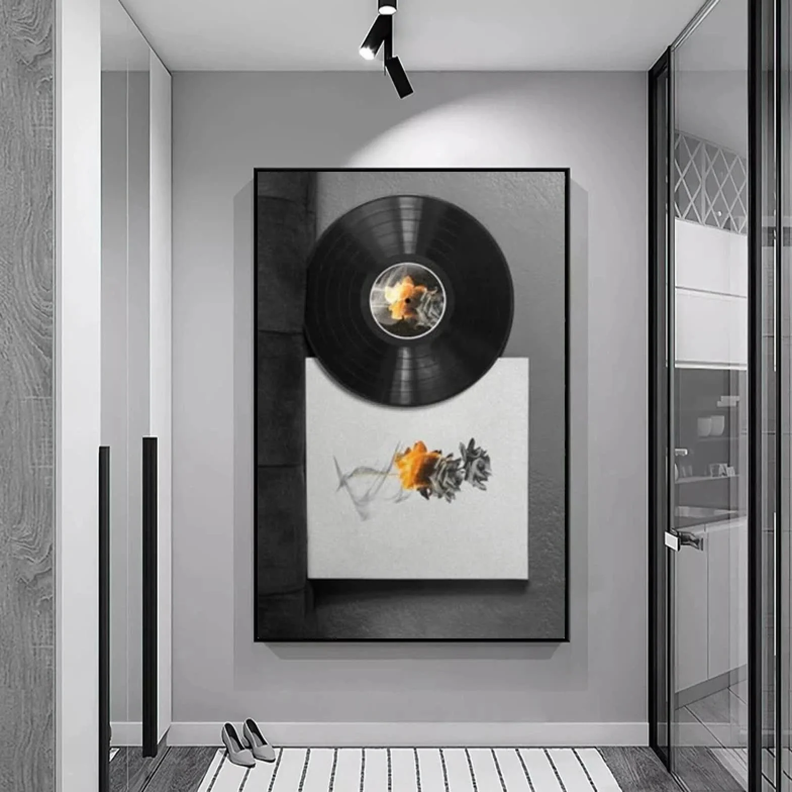 CHAOJIART Plakat z płytą winylową w stylu retro, abstrakcyjna płonąca róża, druk na płótnie, sztuka ścienna, obraz do salonu, dekoracja domu w stylu vintage, 80 x 120 cm, rama wewnętrzna