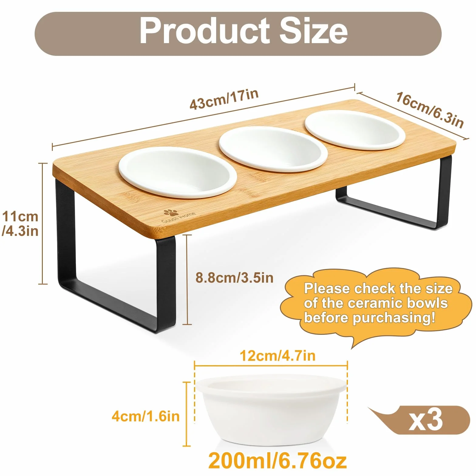 GUUSII HOME Ceramiczna miska dla kota Podniesiona stacja karmienia Zestaw 3 drewnianych misek 12 cm