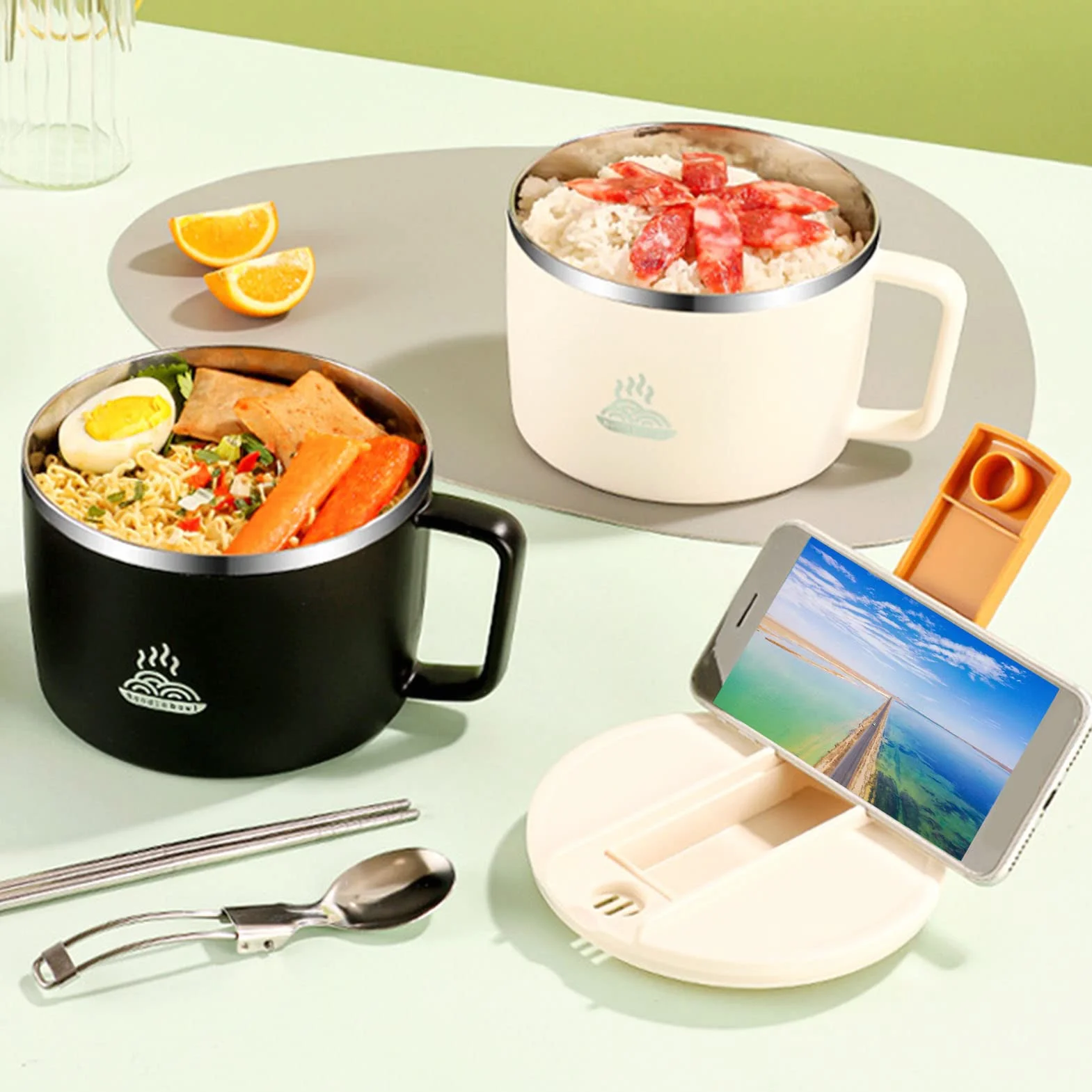 Ejoyous Miska na makaron instant 1200 ml, miska na ramen z pokrywką, szczelna miska na makaron z pałeczkami i miską spork z makaronem, zestaw misek do makaronu