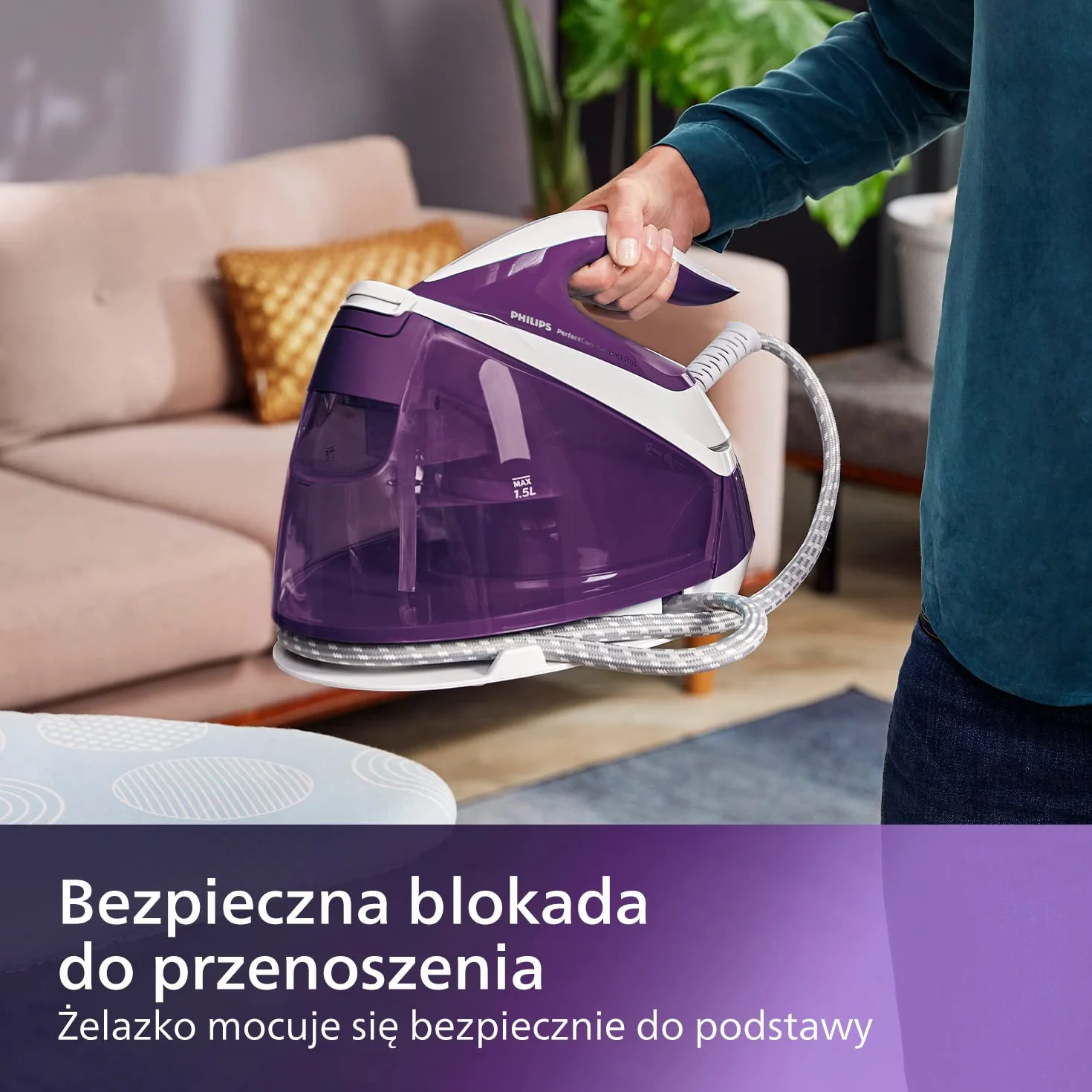 Philips Generator Pary PerfectCare Compact Plus - 2400W, Silne uderzenie pary 450g, Ciśnienie pompki 6,5 bara, Technologia OptimalTEMP, Zbiornik 1,5l, Fioletowy/Biały (GC7933/30)