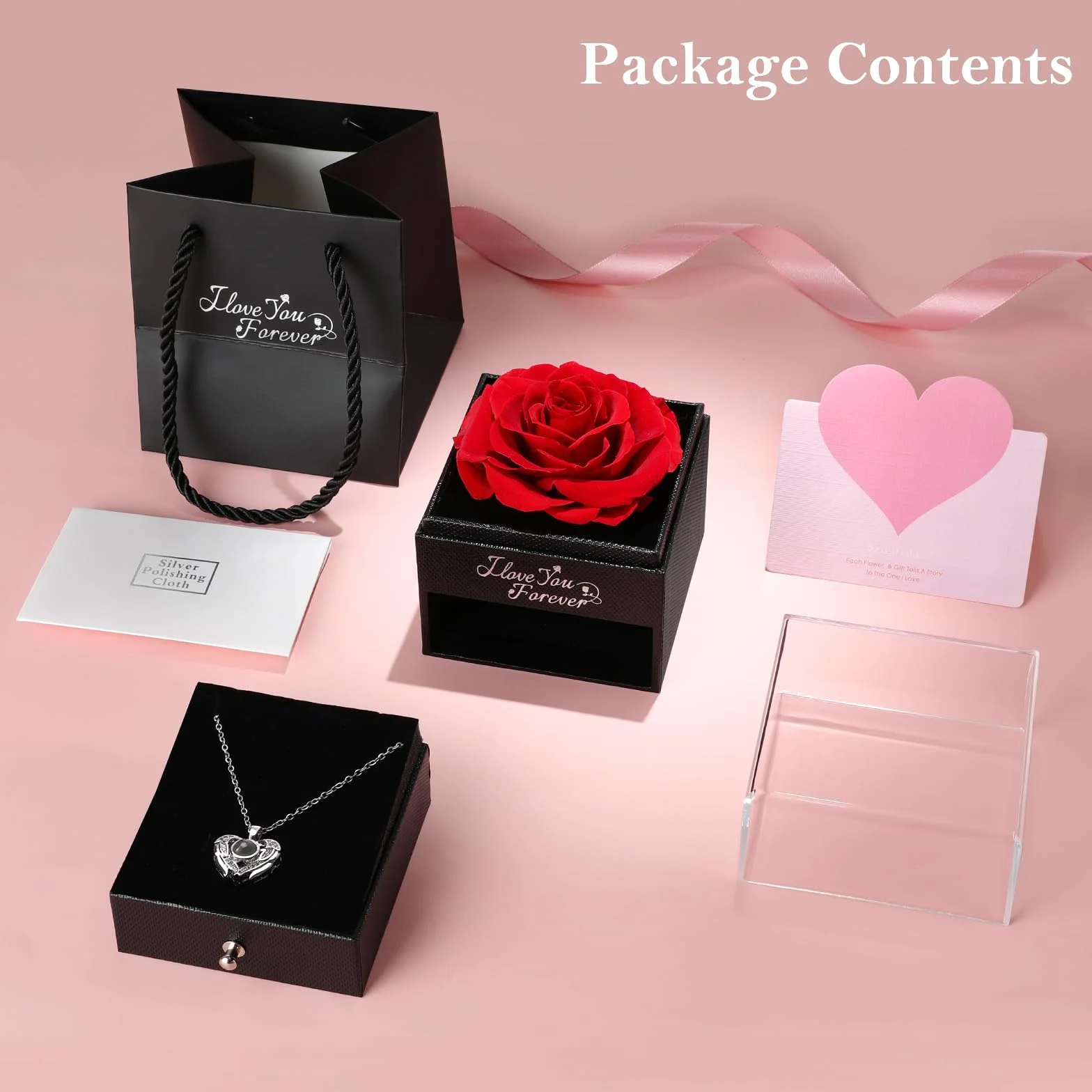 Emibele Preserved Real Red Rose, Eternal Rose & Heart Necklace with I Love You in 100 Languages Romantic Gifts for Women Mom Wife Girlfriend on Christmas Valentines Mothers Day Birthday Anniversary