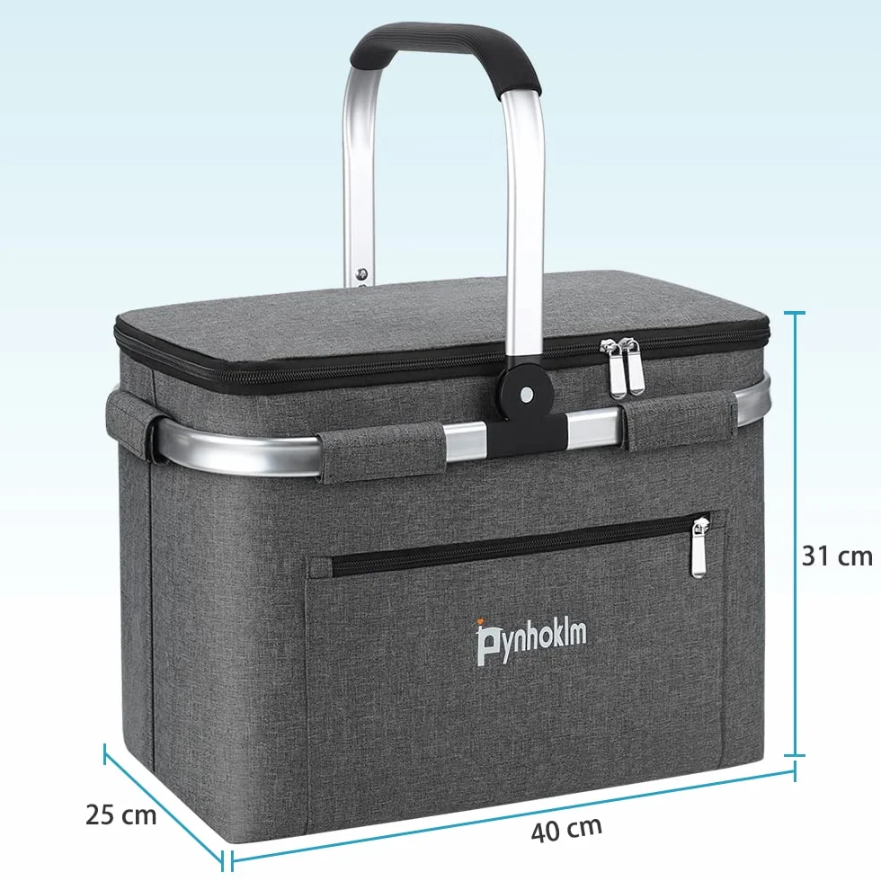 Składany kosz na zakupy, 30 l, z funkcją chłodzenia, składany kosz z pokrywką, obciążenie 25 kg, torba na zakupy jako kosz piknikowy, kosz termiczny, elegancki worek na zakupy tygodniowe /