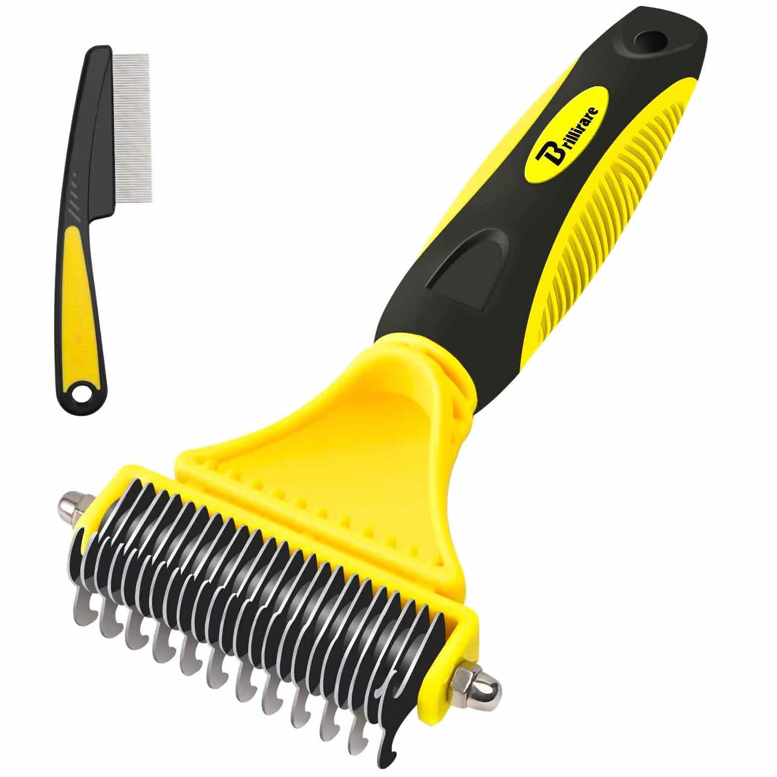 BRILLIARE Pet Grooming Dematting Brush & Stainless-Steel Comb, 2 Sided Undercoat Rake for Cat Dog Deshedding