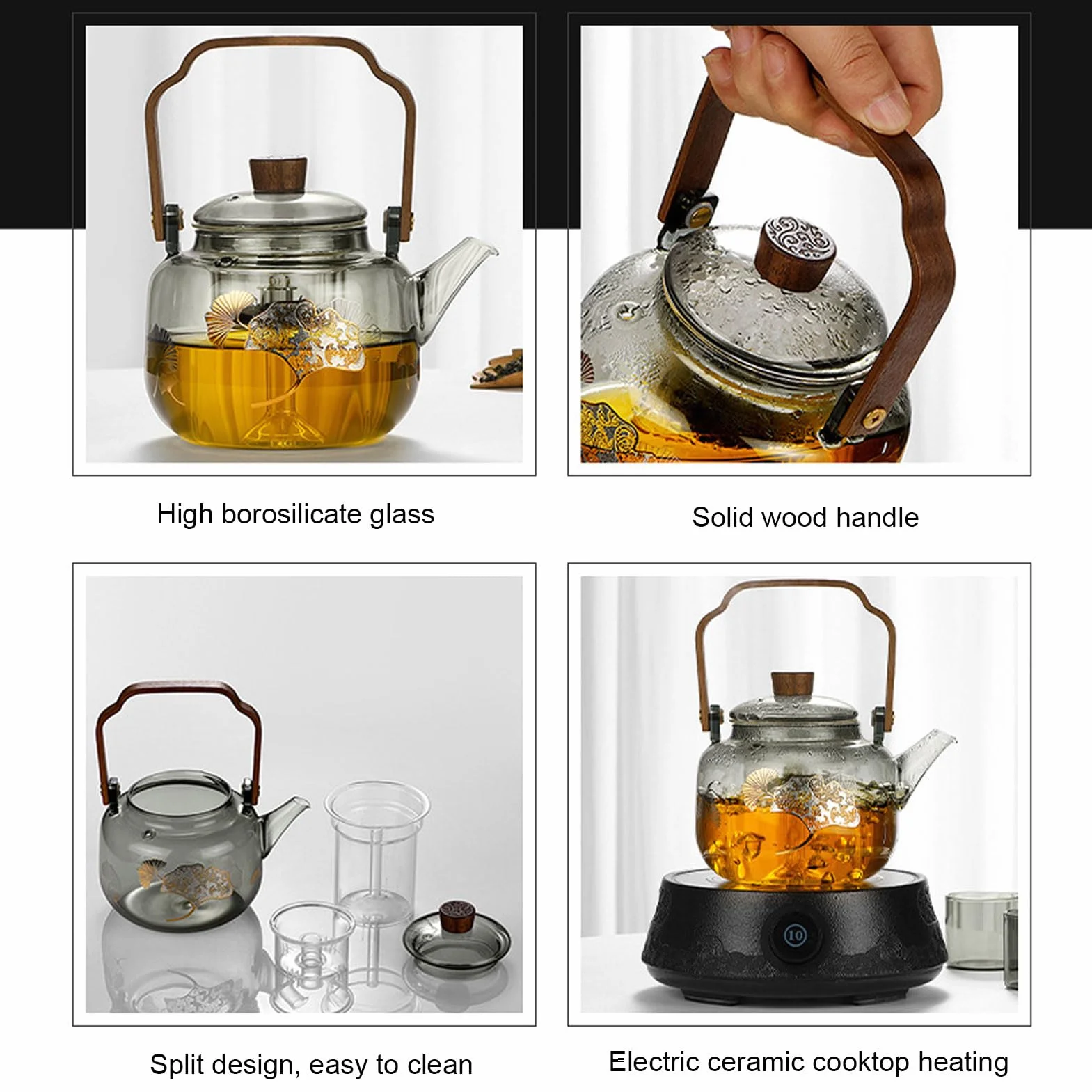 Szklany Czajniczka z Wyjmowanymi Infuzorami 900 Ml Wysoka Borokrzewnik Kuchenna Bezpieczna Herbata Kettle Drewniana Rączka przezroczystą pokrywkę, na luźną herbatę, Kemping Produku