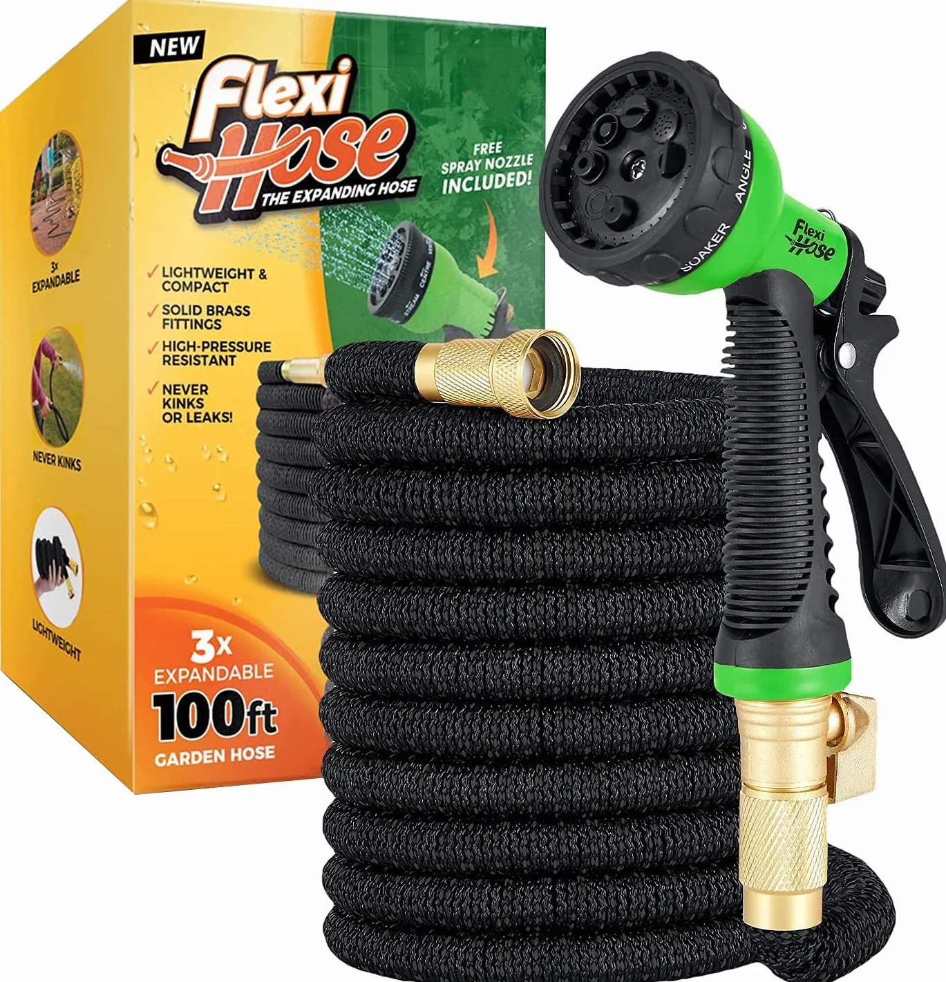 Wąż ogrodowy Flexi Hose Upgraded - Ultra elastyczny/nie plączący się - złączki z litego mosiądzu 2 cm, 8 trybów nawadniania, czarny, 30 m