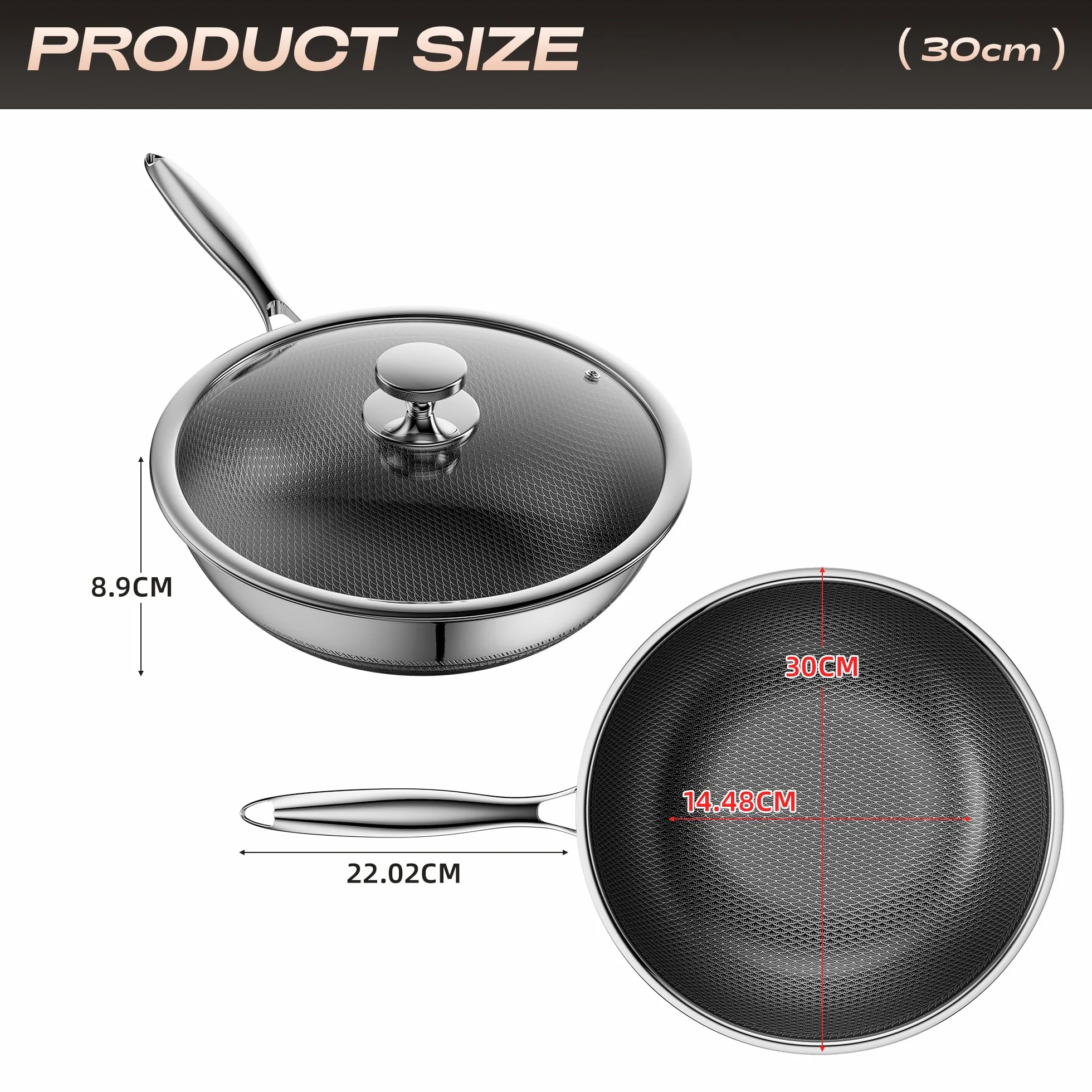 Wok nieprzywierający z pokrywką 30 cm, hybrydowy wok ze stali nierdzewnej, patelnia, uchwyt utrzymujący chłód, zmywarka, PFAS PFOA i PTFE, nadaje się do piekarnika do 260°C, nadaje się do