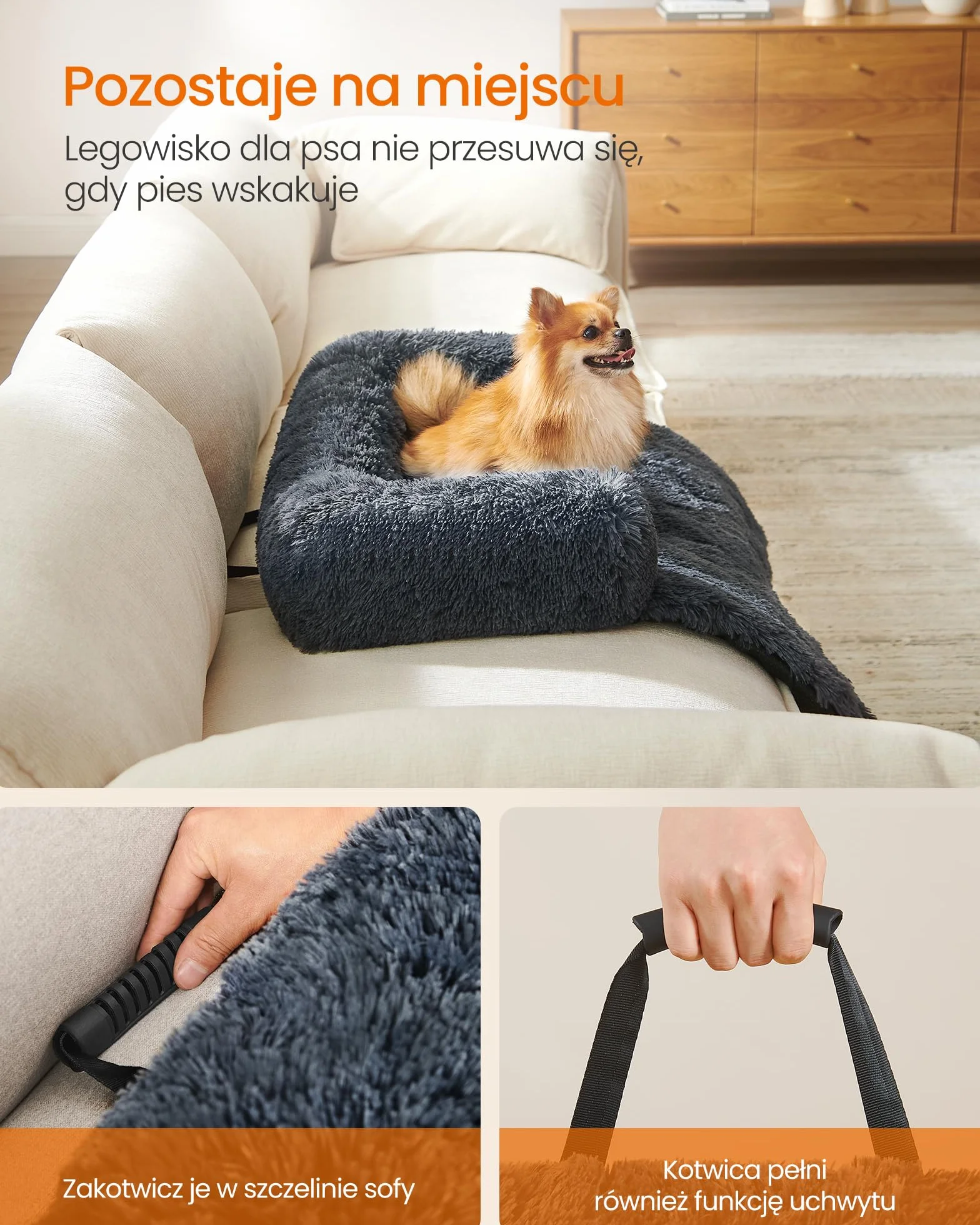 Feandrea FluffyHug narzuta na sofę, łóżko uspokajające dla małych i średnich psów, M, 80 x 75 x 16 cm, ciemnoszara