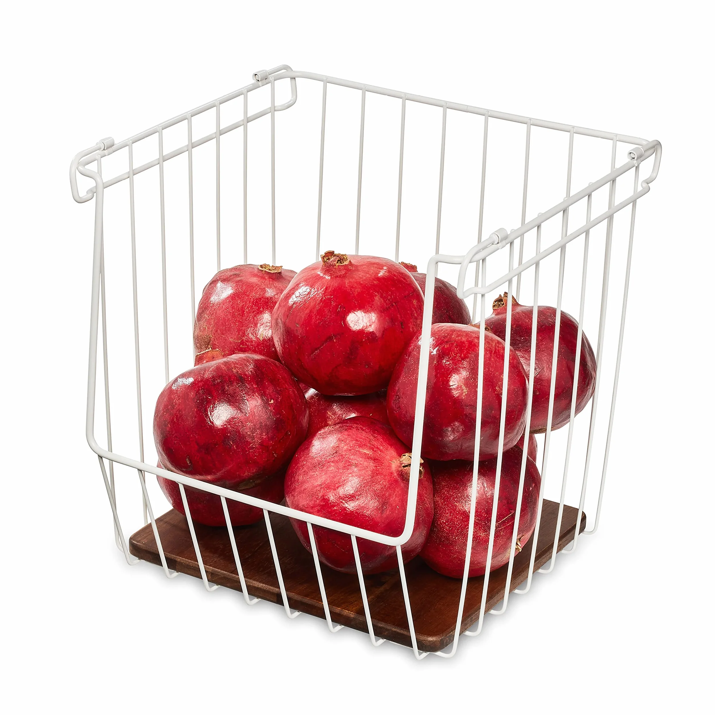iDesign 95389EU kosz druciany Ría Safford Collection z otwartym przodem, z metalu i drewna akacjowego, przechowywanie i organizacja w kuchni, biały i naturalny, stal 18/10