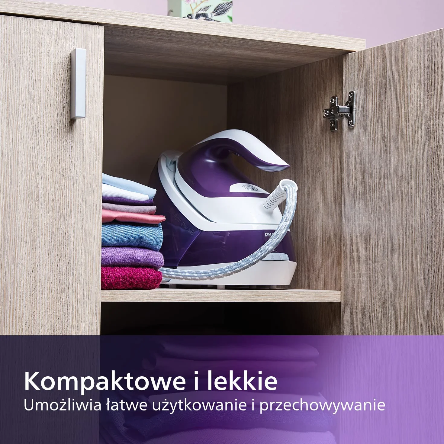 Philips Generator Pary PerfectCare Compact Plus - 2400W, Silne uderzenie pary 450g, Ciśnienie pompki 6,5 bara, Technologia OptimalTEMP, Zbiornik 1,5l, Fioletowy/Biały (GC7933/30)