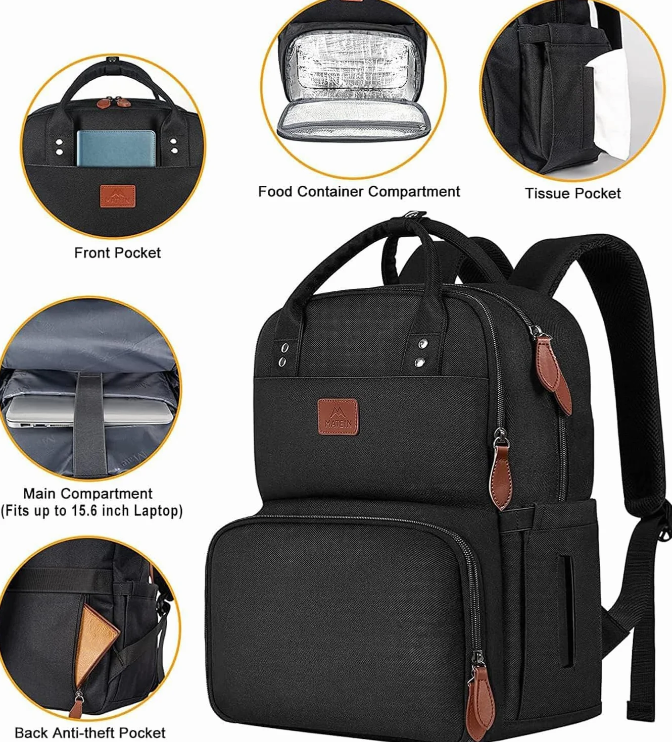 MATEIN Plecak na laptopa na lunch, plecak piknikowy z kieszenią na laptopa, plecak dla mężczyzn i kobiet z portem USB, izolowana torba chłodząca na lunch, na kemping, podróż, do szkoły, pracy, czarny