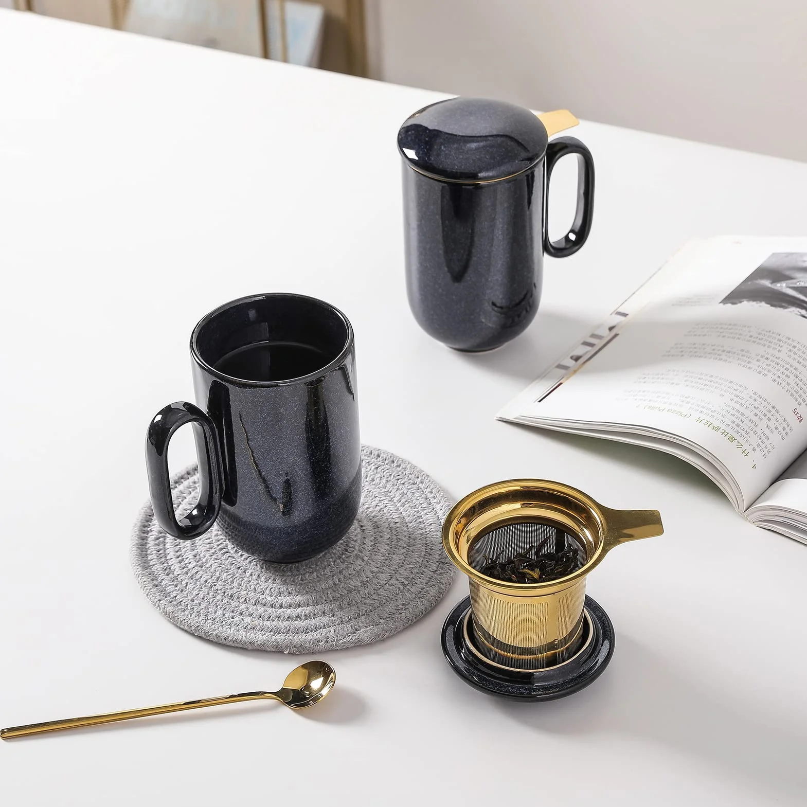 Ceramiczny zaparzacz do herbaty - VICRAYS duży 473 ml gorący luźny uchwyt zaparzacz filiżanka z zaparzaczem do liści łyżka pokrywka - niebieski wysoki glazurowany sitko kubek do kawy bezpieczny w