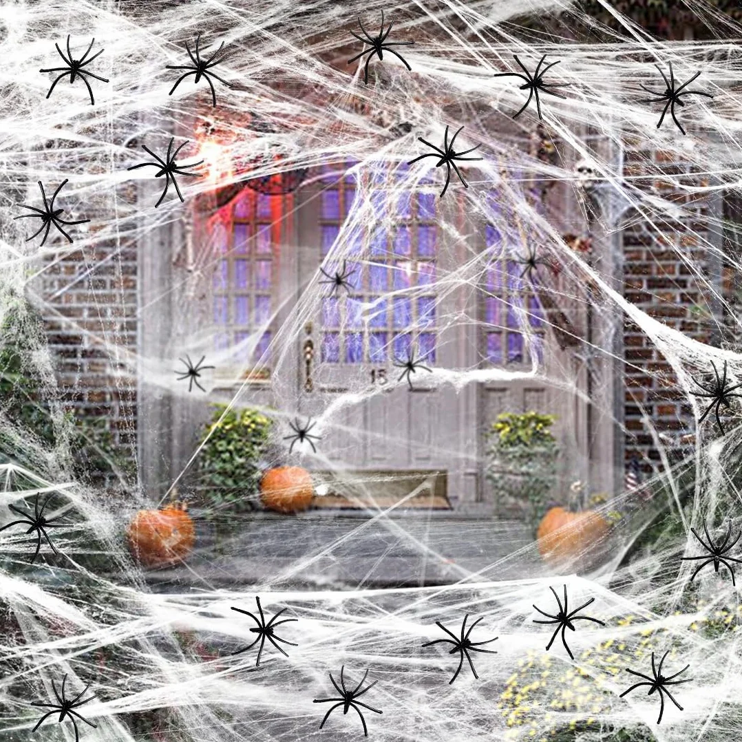 Augesak Dekoracja na Halloween, pajęczyna, 120 g, dekoracja na Halloween, do użytku na zewnątrz, z 50 czarnymi pająkami, realistyczna dekoracja na imprezę z horroru, dekoracja ogrodu