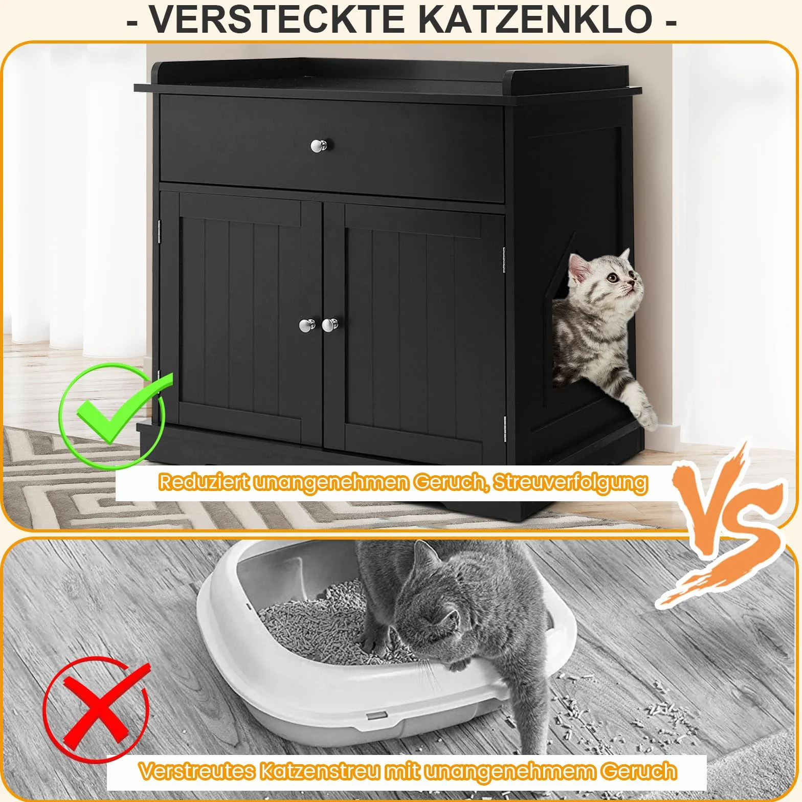 COSTWAY Szafka dla Kota 3 w 1 z Szufladą, Drzwiami i Wejściem - Domek, Toaleta, Stolik Pomocniczy, Kuweta, Komoda, Meble dla Zwierząt Domowych