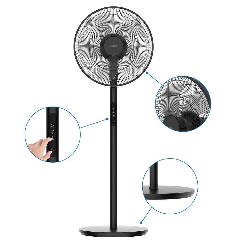 EBERG HYG wentylator stojący 45 cm, pilot, timer 9 h, oscylacja 65°, 4 prędkości i tryb naturalny, regulowana wysokość 70–130 cm, czarny mat