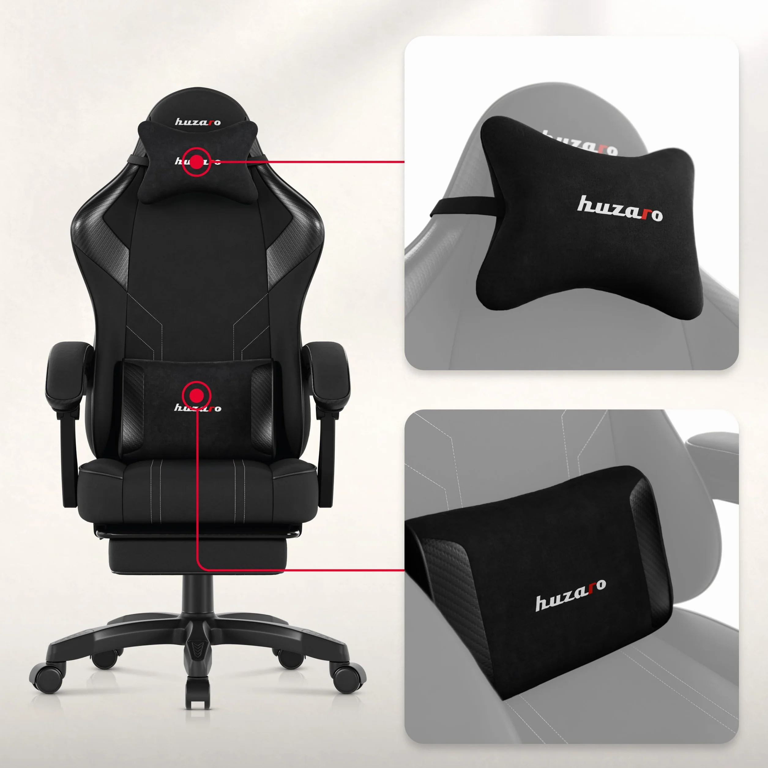huzaro Force 3.7 Ergonomiczne krzesło do gier | Fotel dla gracza z podnóżkiem i poduszką lędźwiową | pochylone oparcie, wygodne podłokietniki, oddychająca tkanina, ciche kółka | czarny karbonowy