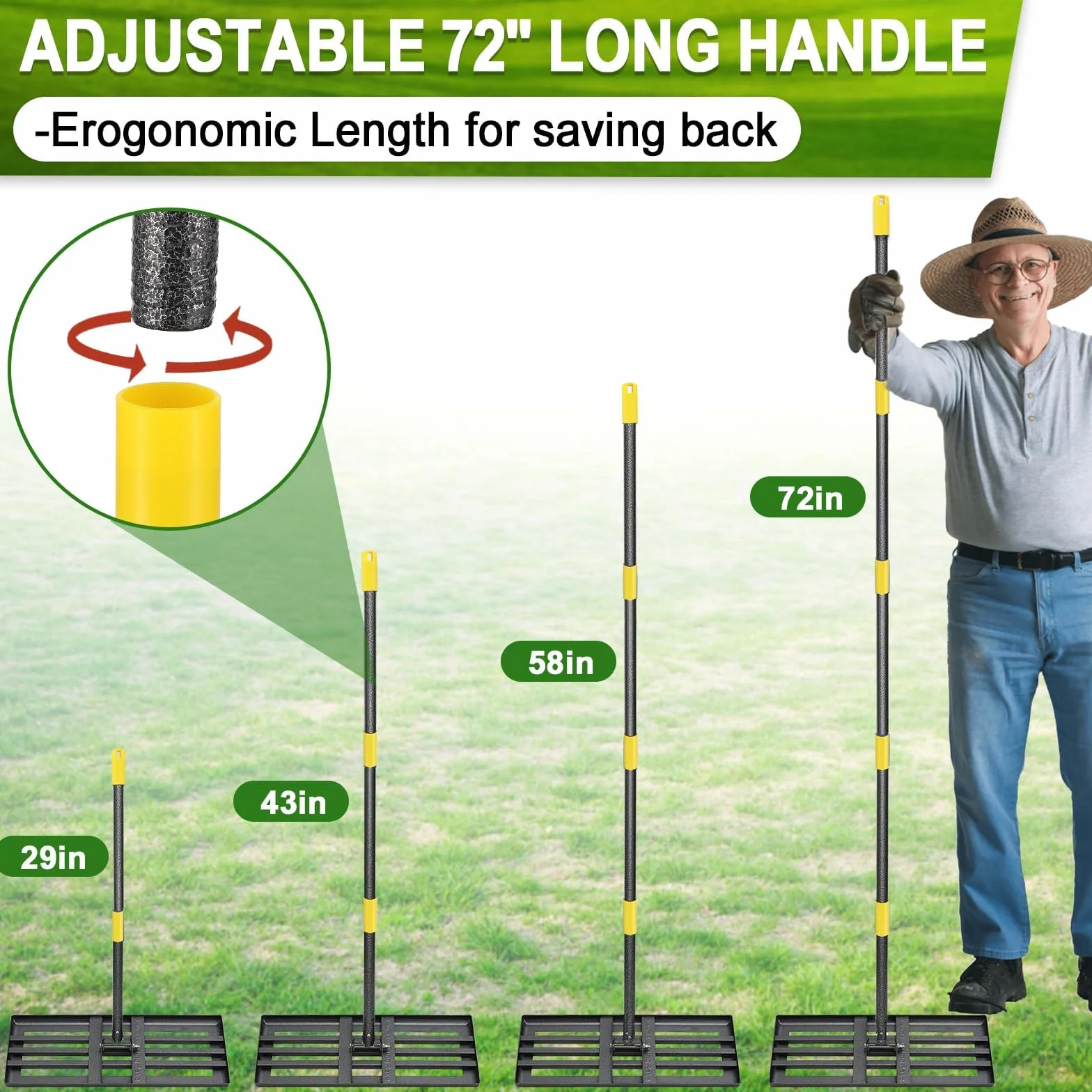 Rakla Lawn Leveling Rake z długim uchwytem – 182 cm, do golfa trawy, survivalowa, górny dressing, ze stali nierdzewnej, do ogrodu, na podwórko, trawnik (76 x 25 cm)