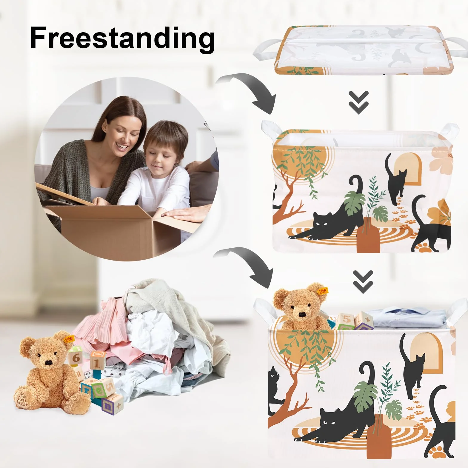 Clastyle Boho Tier Wäschekorb mit Henkel Składany Kosz na bieliznę z uchwytem dla dziewczynek, kobiet; do przechowywania ubrań i zabawek; do pokoju dziecięcego, łazienki, motyw kota, 40x30x30 cm