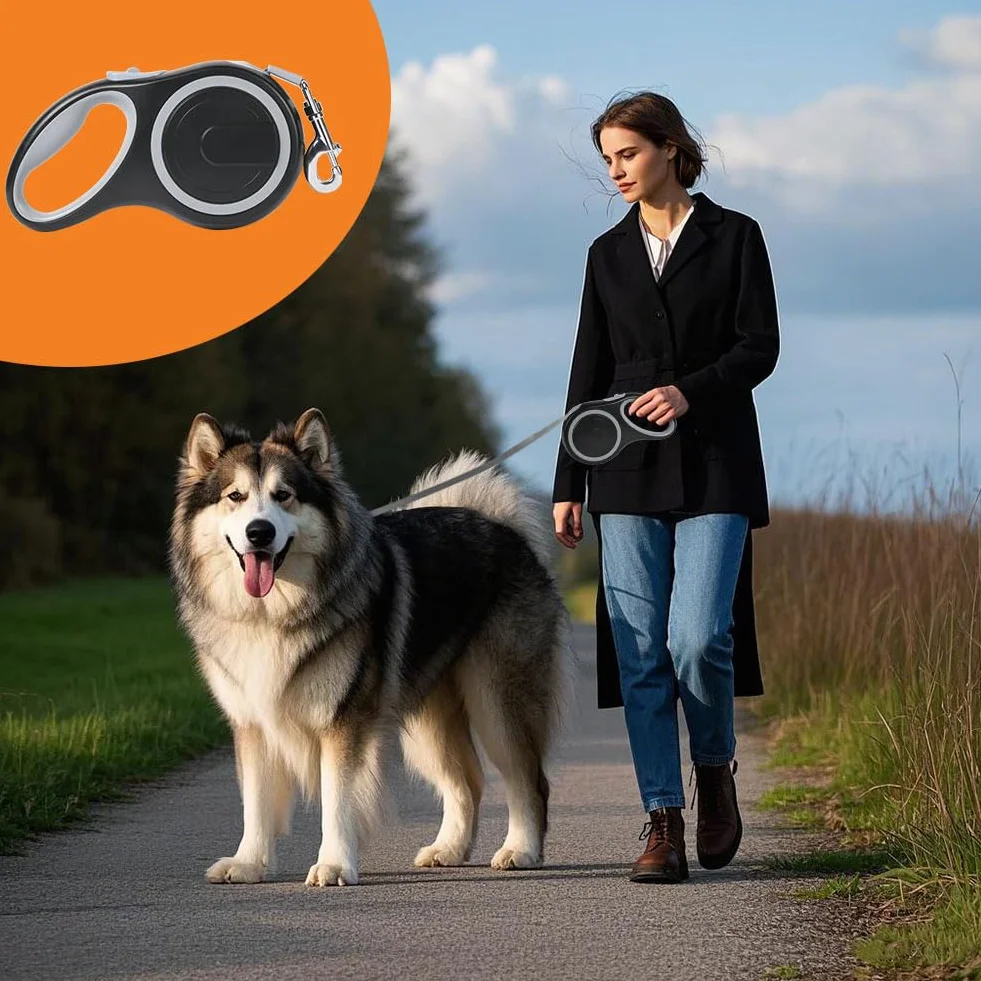 Smycz zwijana dla psów 360° antypoślizgowy uchwyt 8-50 kg czarna