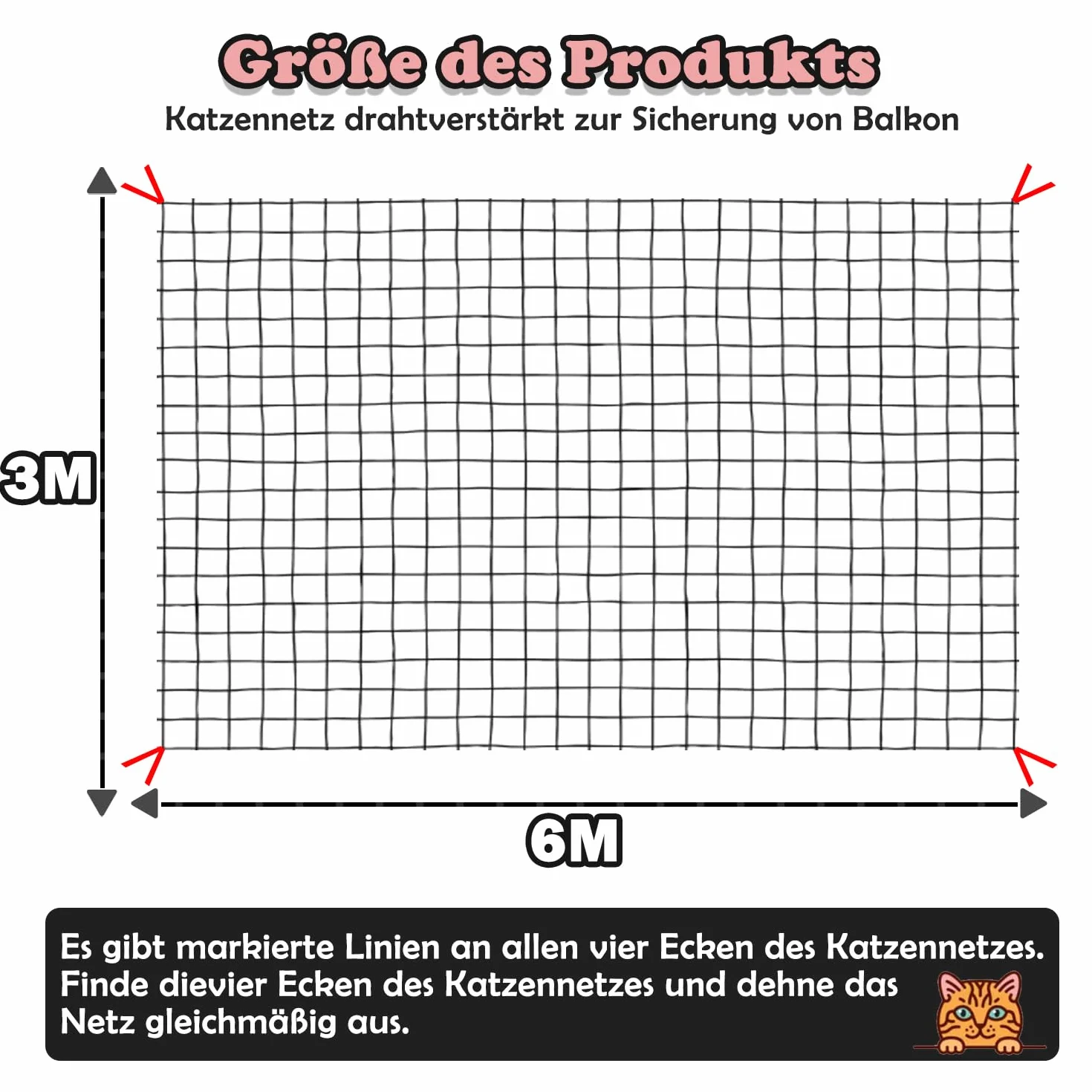 Siatka dla kota na balkon, 6 x 3 m, wzmocniona drutem, z linką mocującą 15 m i akcesoriami, mocna, trwała, odporna na promieniowanie UV, odporna na warunki atmosferyczne, nadaje się na balkon,