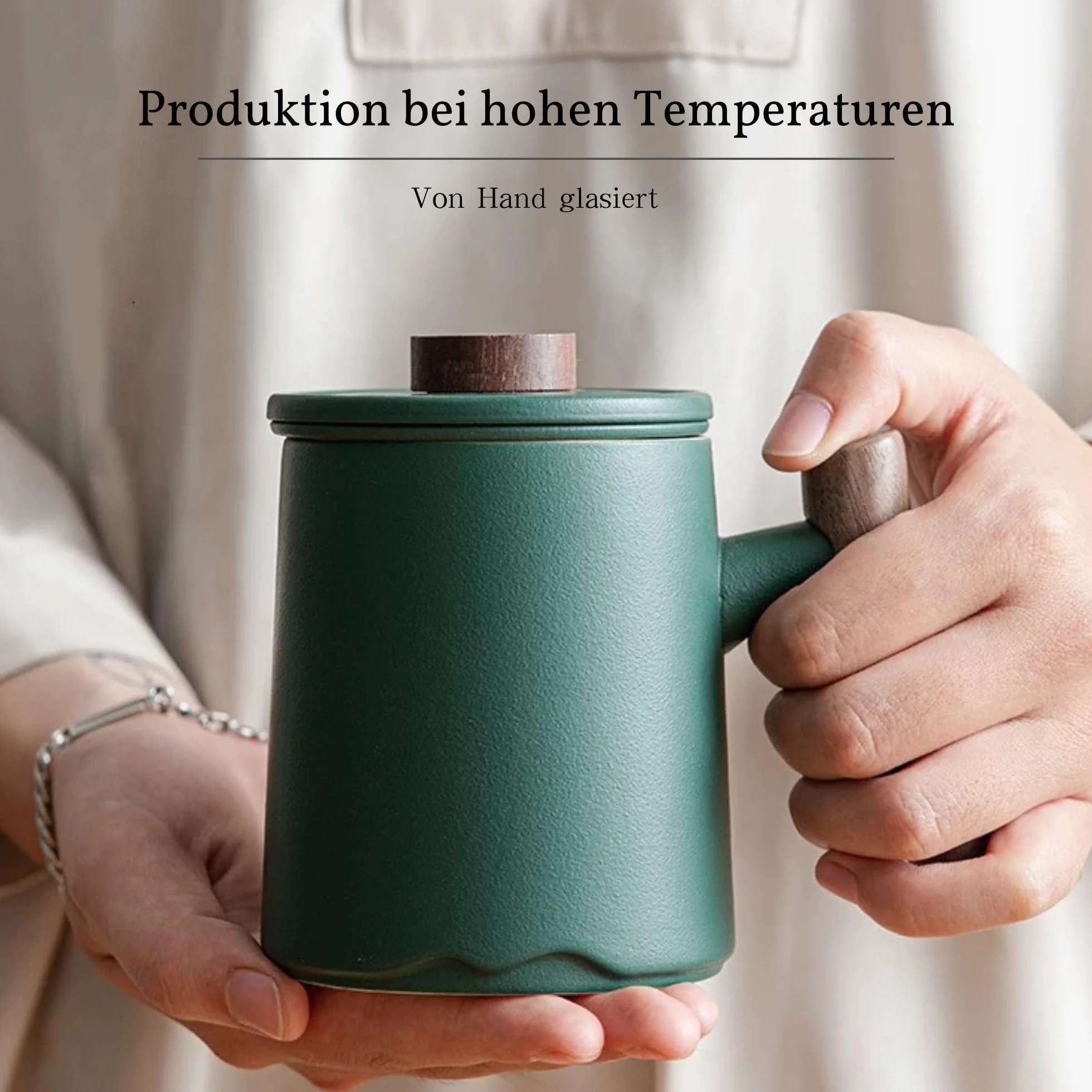 JanYoo Filiżanka do herbaty z pokrywką i sitkiem, 360 ml, uchwyt palisandru, ceramiczny kubek do herbaty, matowy, kamionkowy, glazurowane, do namaczania, zielona