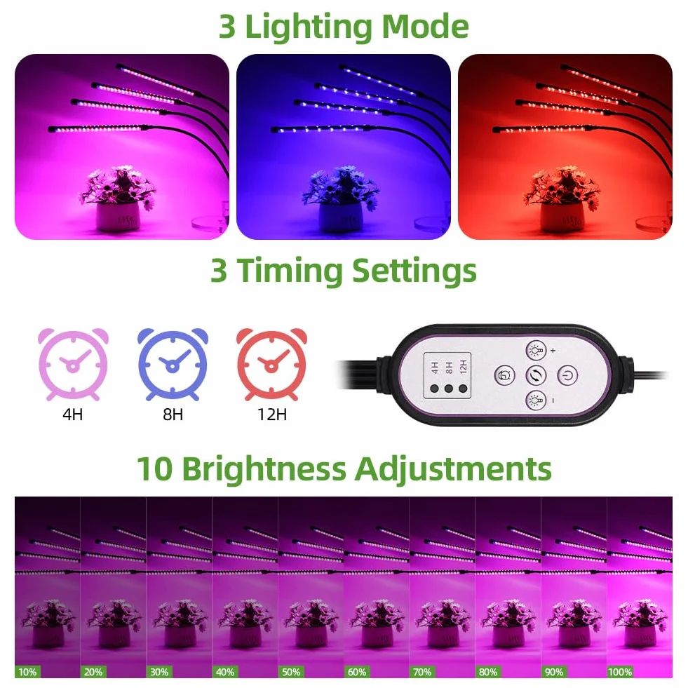 80 diod LED do oświetlenia roślin o pełnym spektrum, 4 głowice, lampa 360° do oświetlenia roślin doniczkowych z timerem 4/8/12 godzin, 10 poziomów jasności, 3 tryby